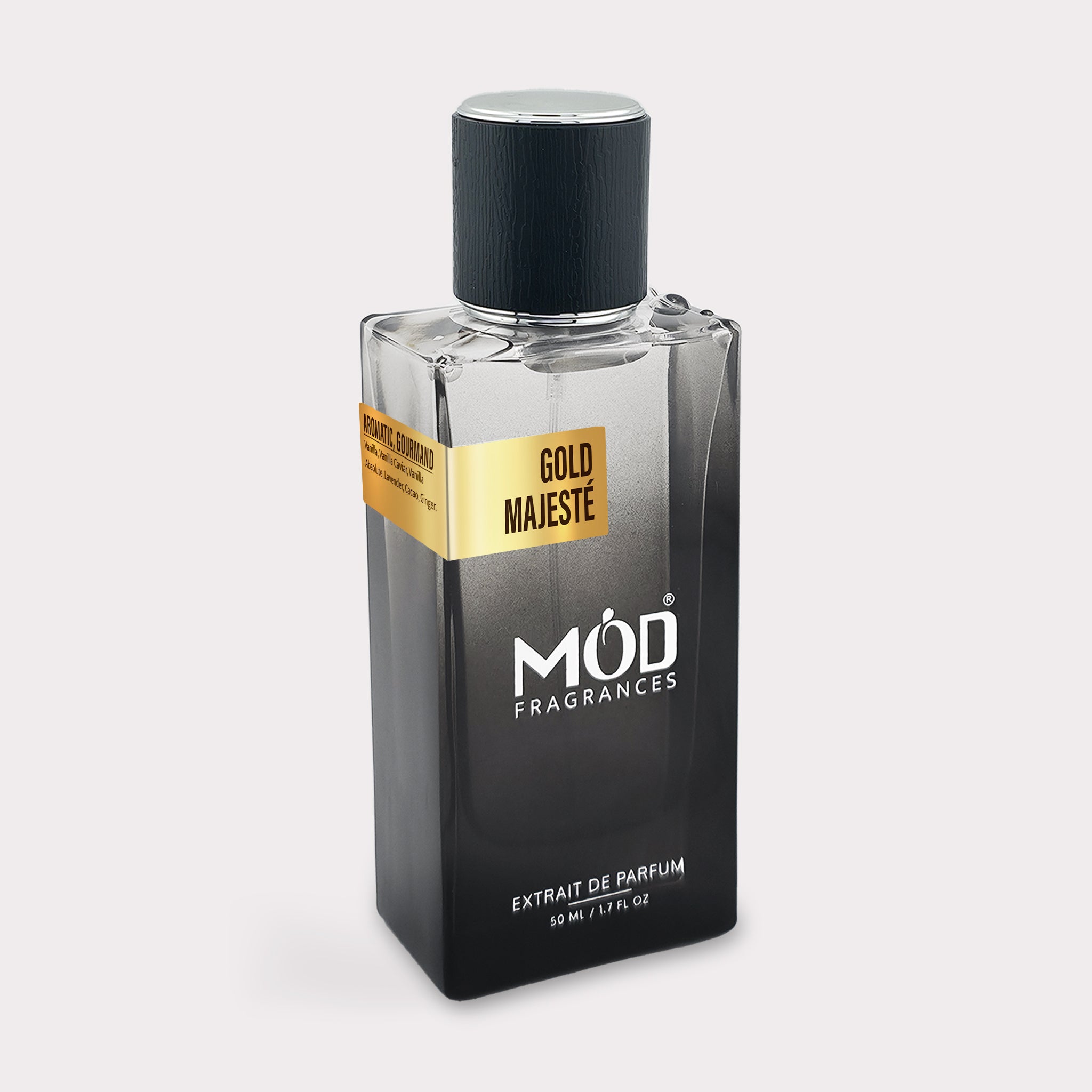 Perfume bottle labeled 'Gold Majeste' by Möd Fragrances on a light gray background