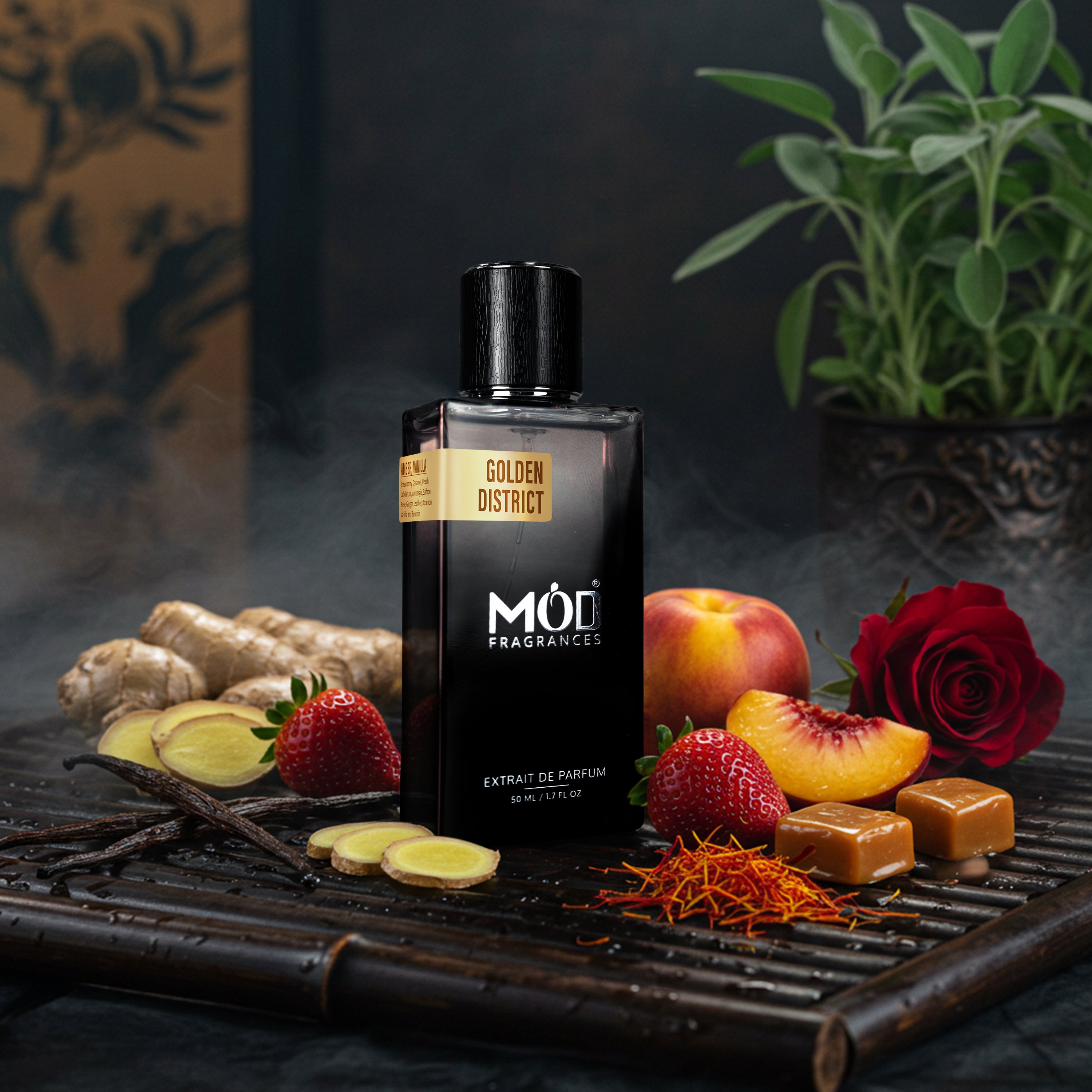 Inspired by La Capitale MOD Fragrances bottle with ingredients like ginger, peach, and rose on a dark surface