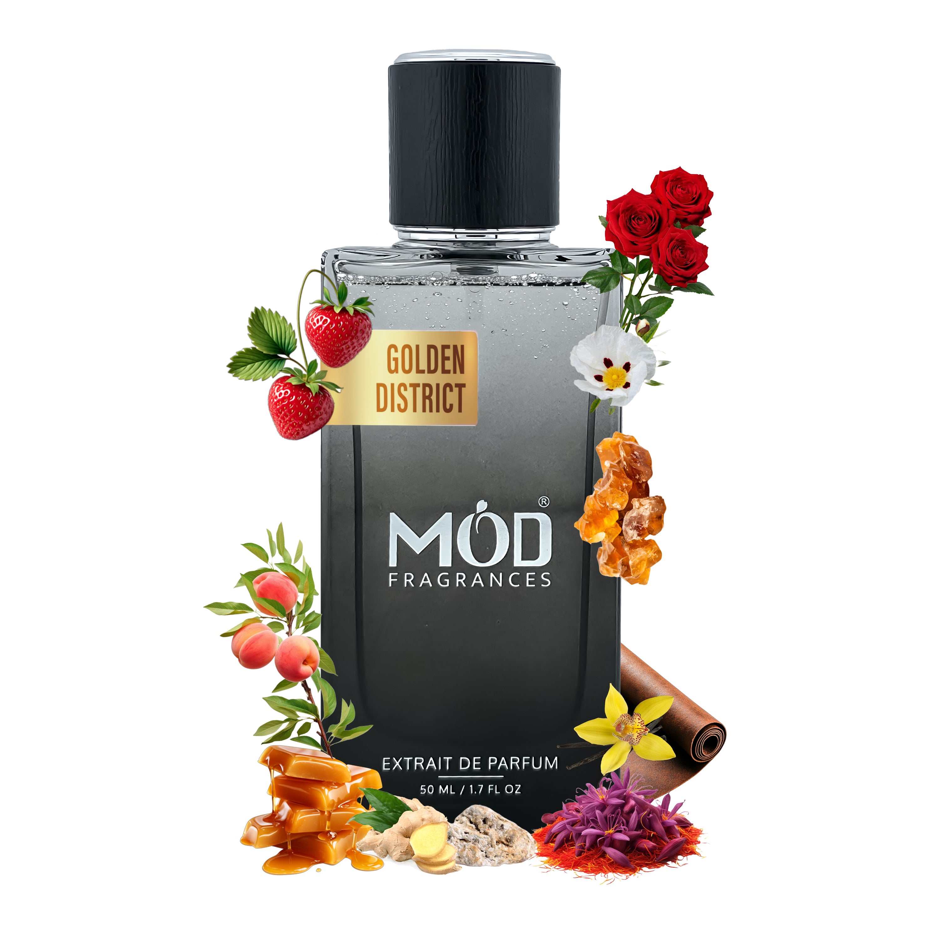 Inspired by La Capitale Black perfume bottle labeled 'MOD Fragrances' with floral and fruit elements on a white background