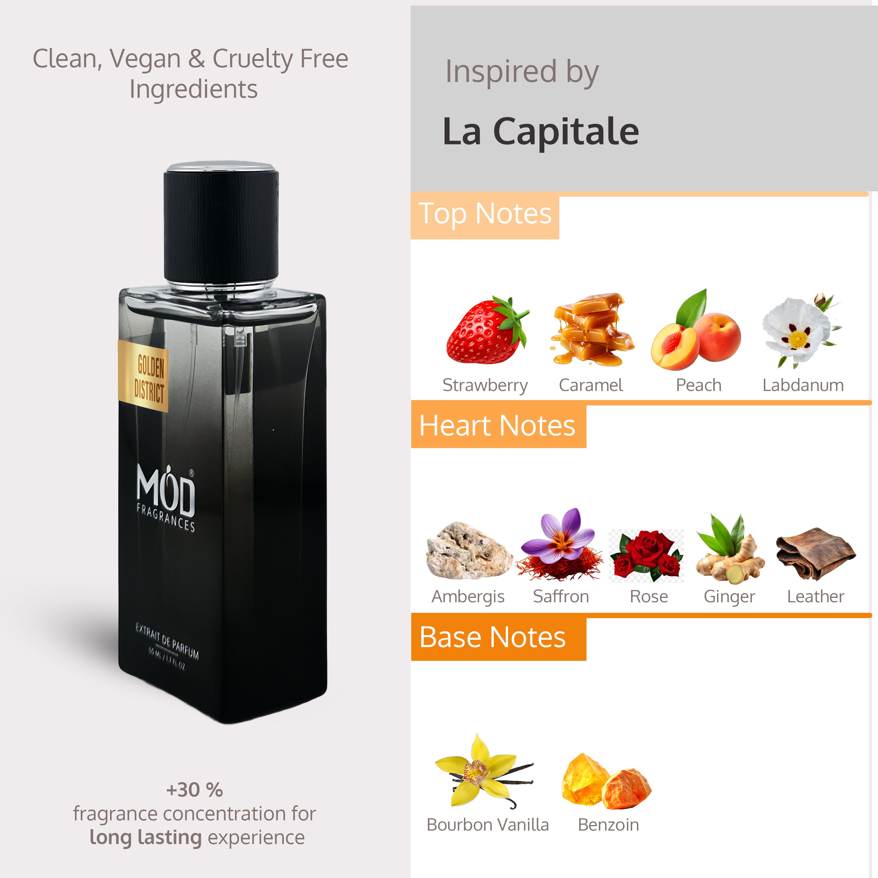 Inspired by La Capitale Black perfume bottle with flavor notes displayed on a gray background