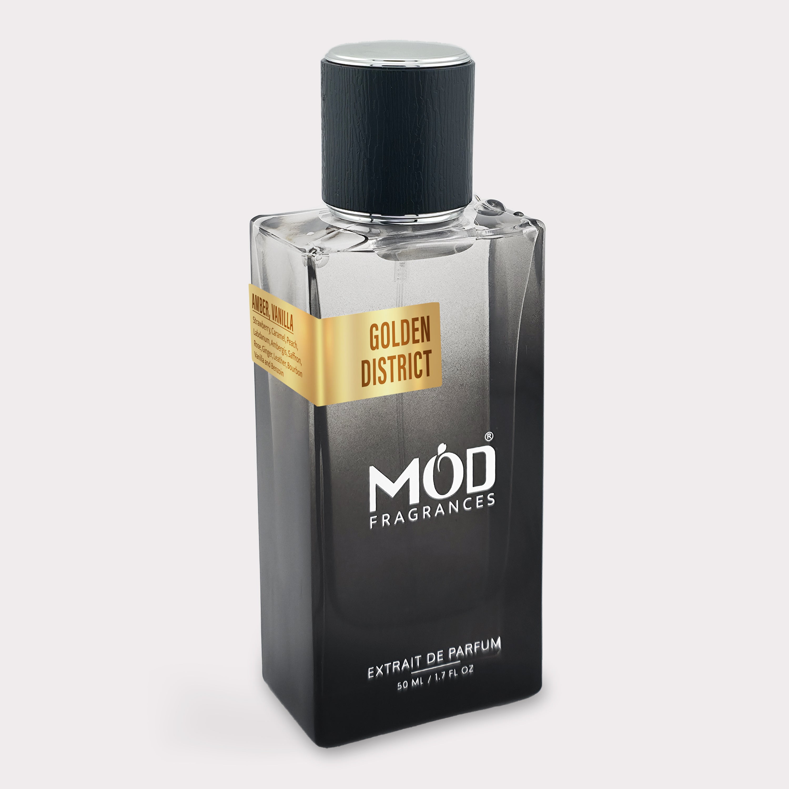 Inspired by La Capitale Perfume bottle labeled 'Golden District' by 'MOD Fragrances' on a light gray background