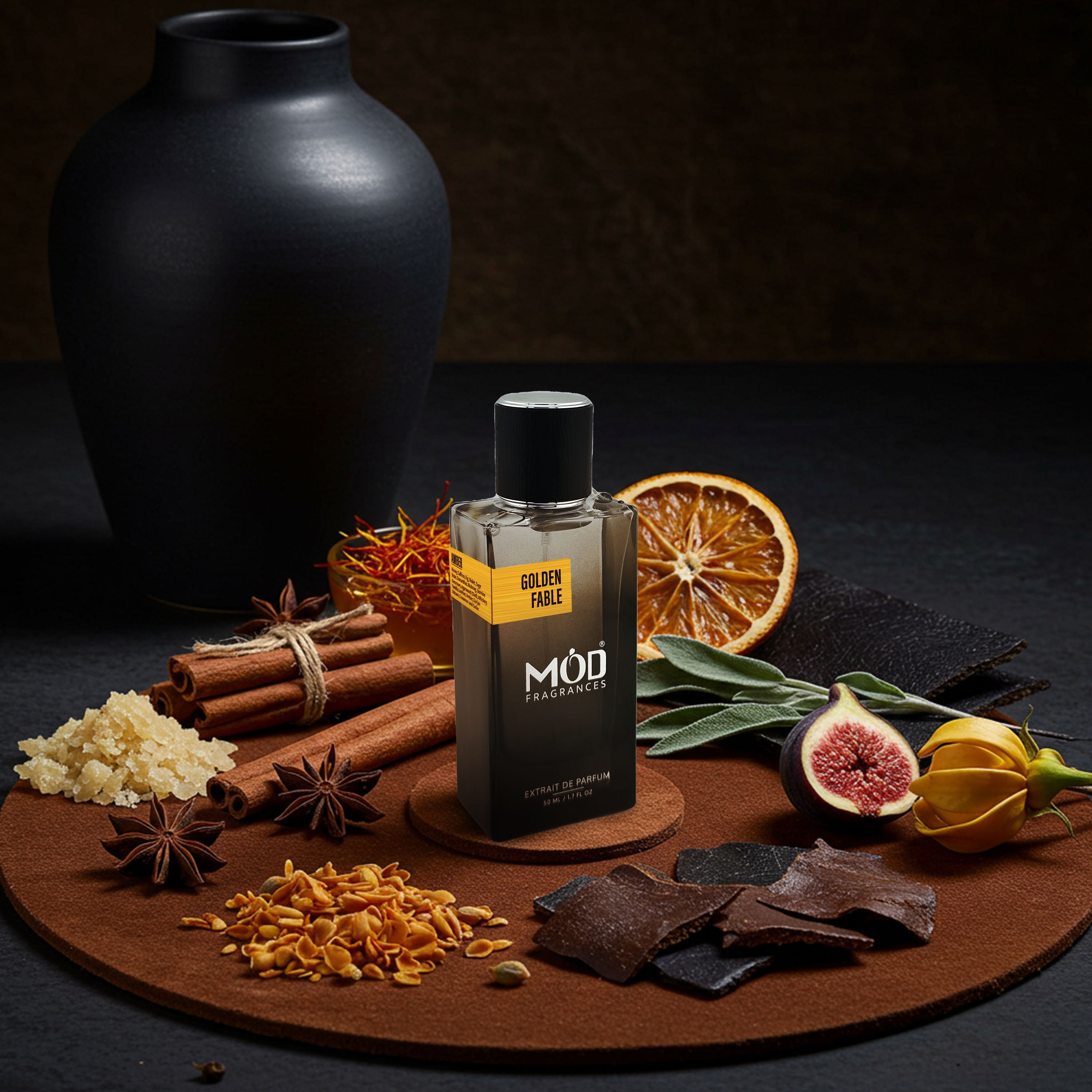 Möd perfume bottle on a dark surface with dried fruits and spices