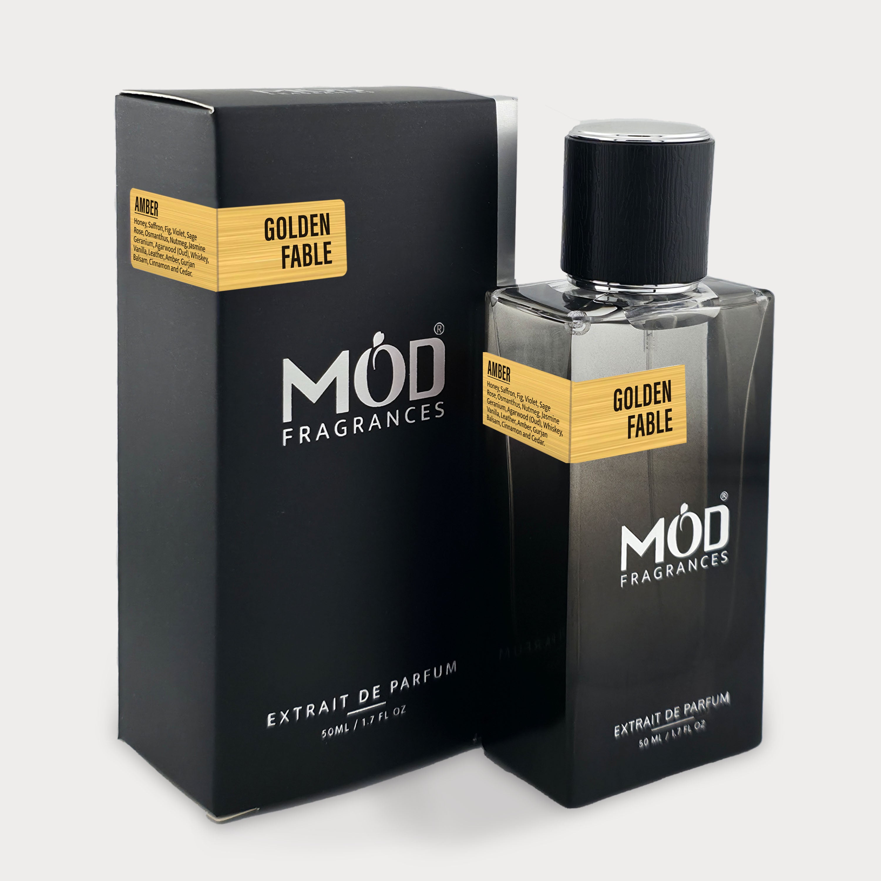 Möd Fragrances Golden Fable perfume bottle and packaging on a white background