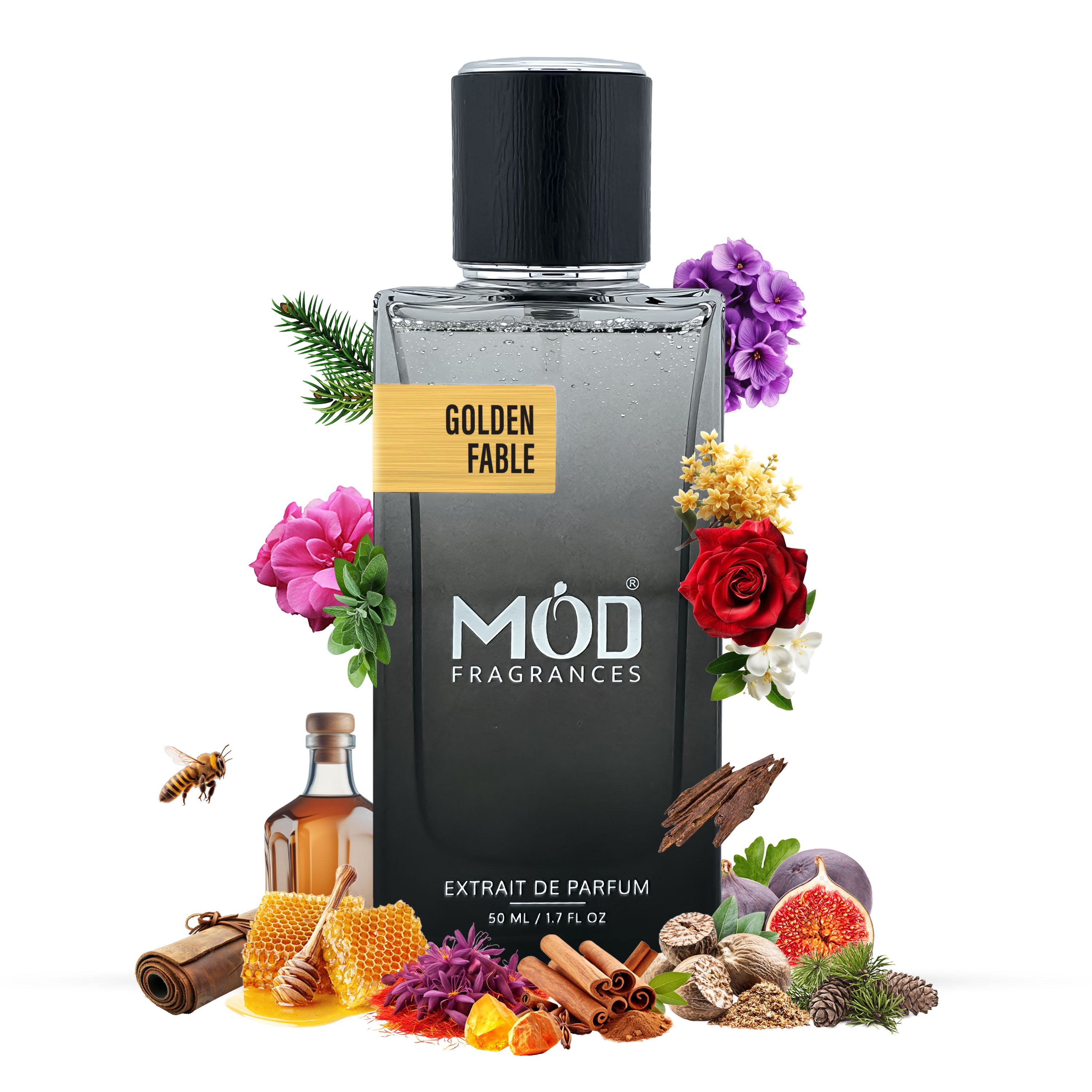 Möd Fragrances Golden Fable perfume bottle with floral and spice elements on a white background