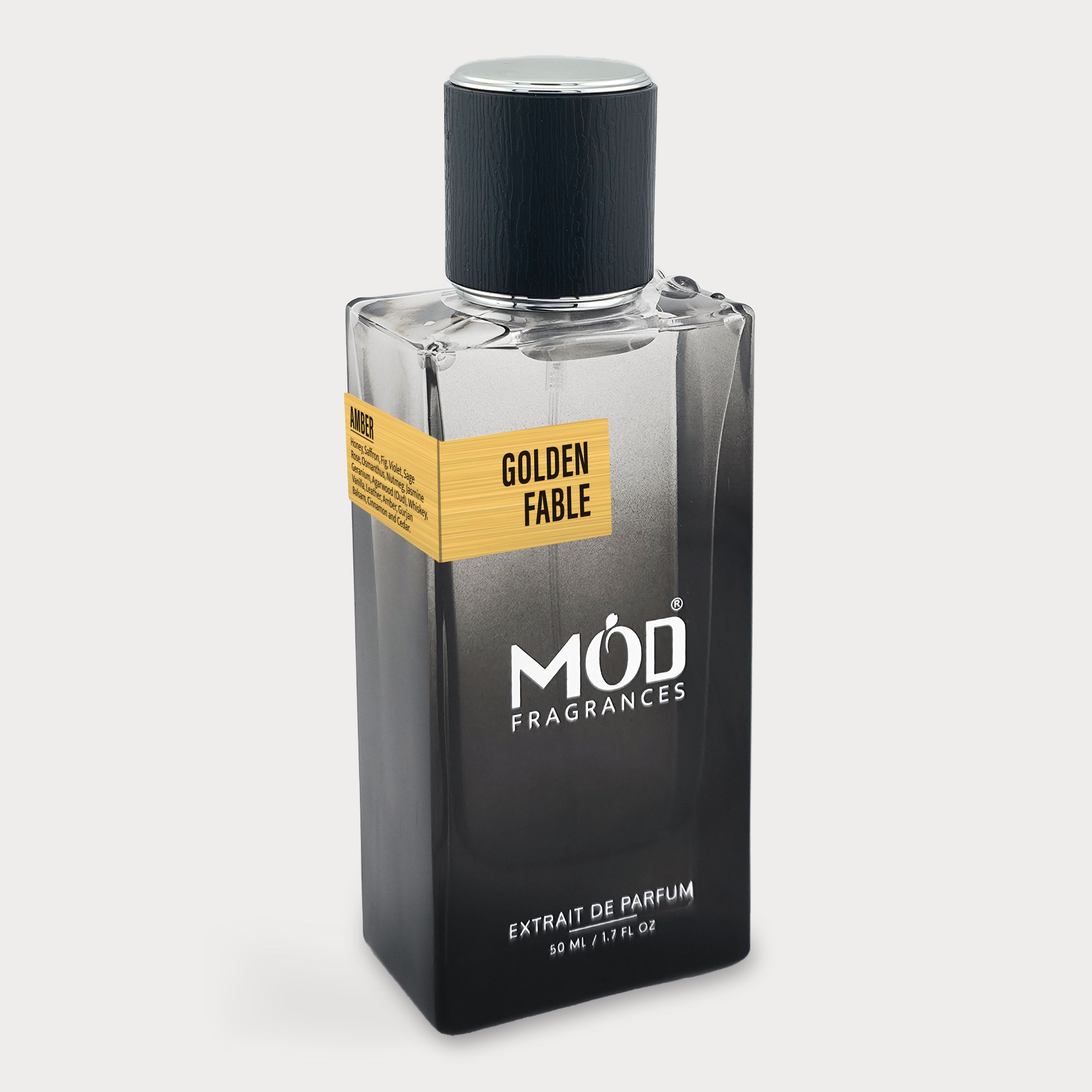 Perfume bottle labeled 'Golden Fable' by 'MOD Fragrances' on a light gray background