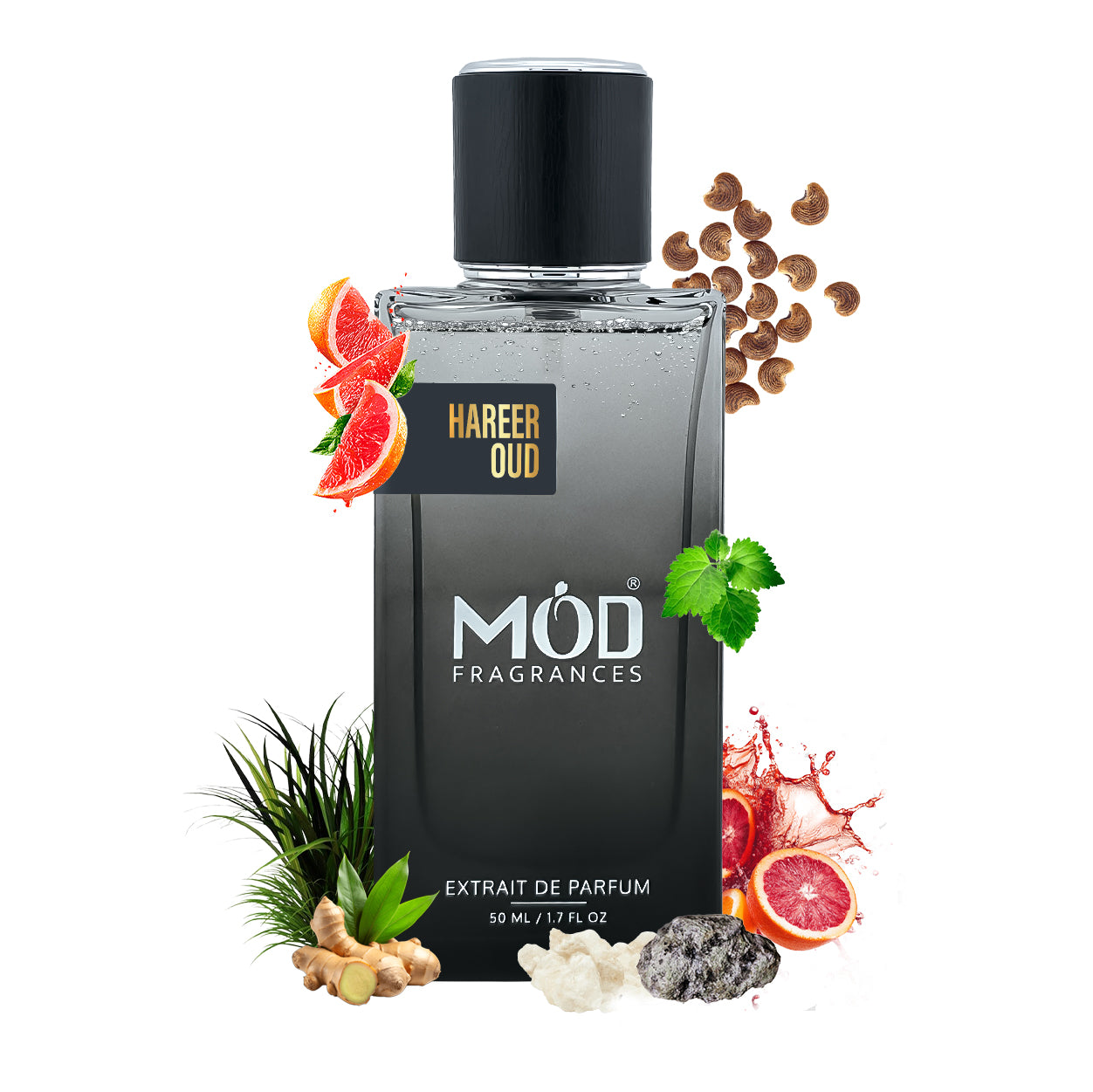 Inspired by Satin Mood  Black perfume bottle labeled 'Hareer Oud' by 'MOD Fragrances' with decorative elements on a white background.