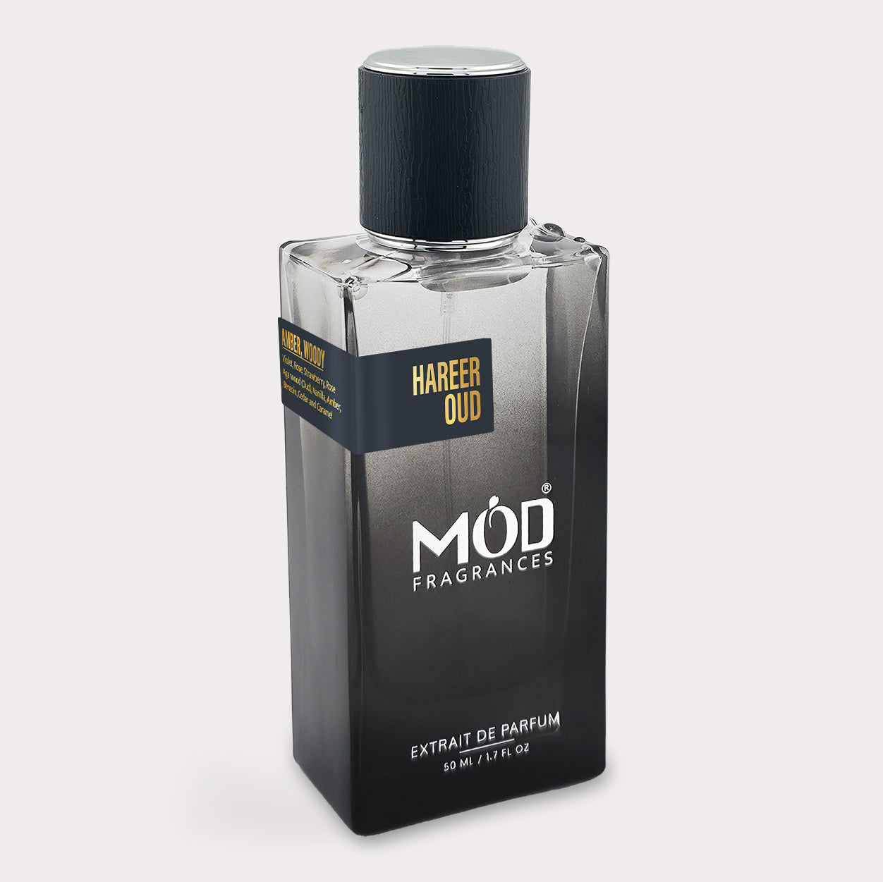 Perfume bottle labeled 'Hareer Oud' by 'MOD Fragrances' on a light gray background