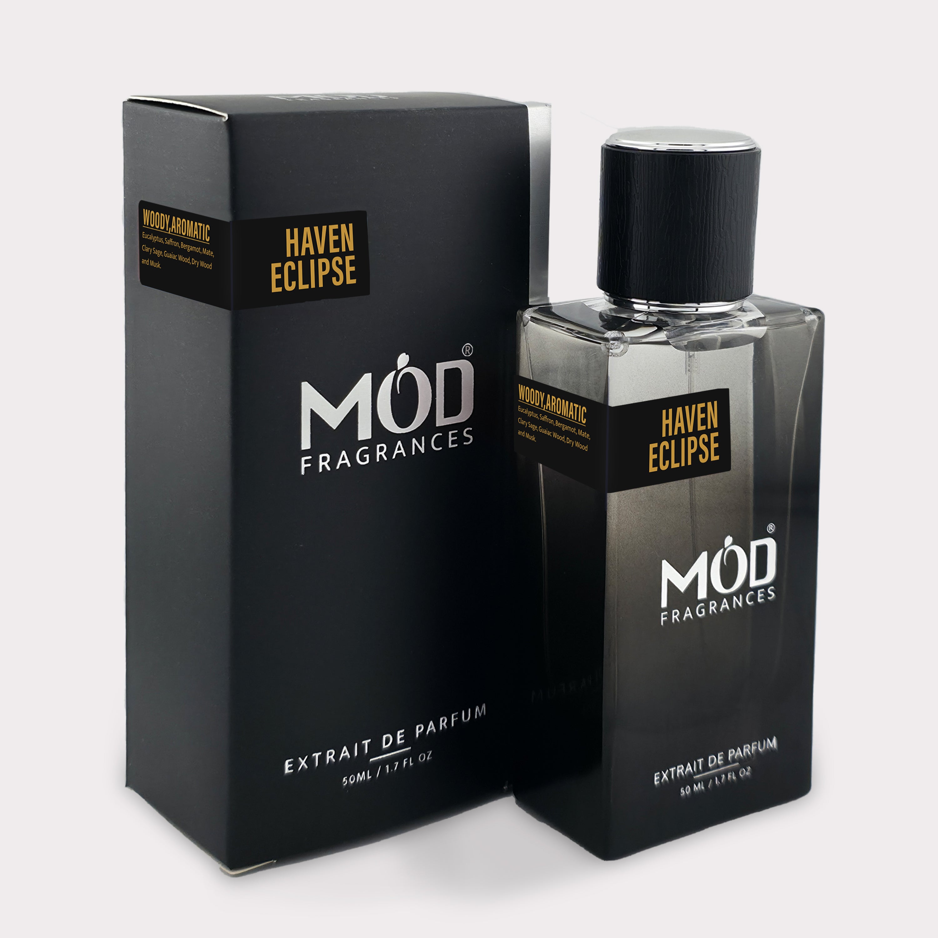 Möd Fragrances Haven Eclipse perfume bottle and packaging on a white background Torino 22 Dupe