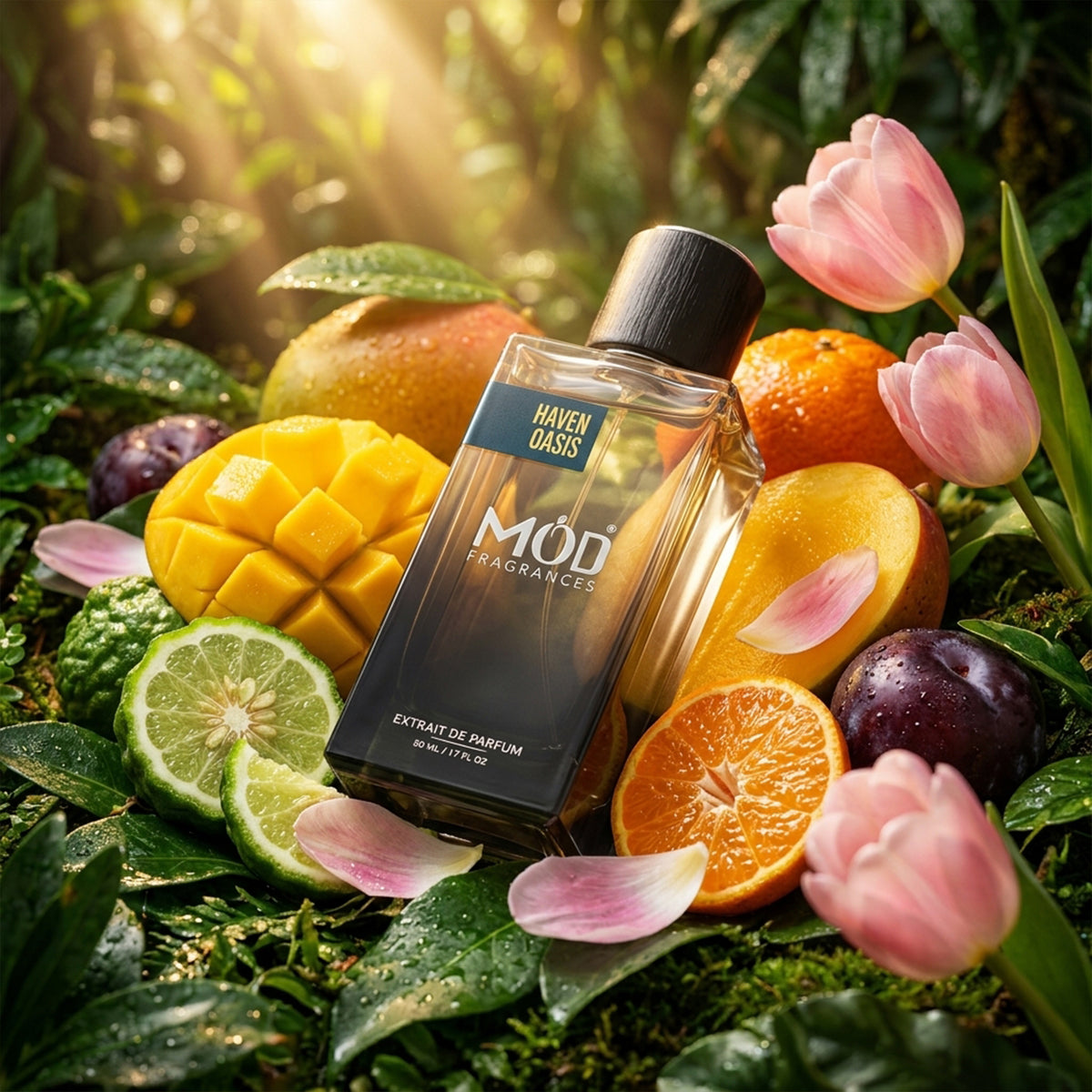 A bottle of Haver Dass Mod Fragrance is displayed in a lush, tropical outdoor setting surrounded by fresh fruits (mango, oranges, limes), pink tulips, and petals on a green mossy background.