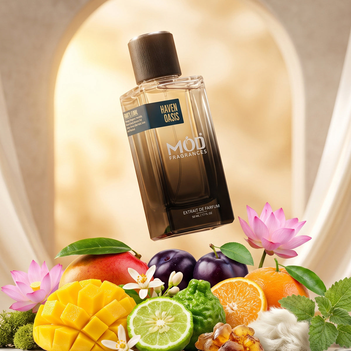 A bottle of Mod Fragrances Haven Bass extract de parfum floating above a colorful arrangement of fruits, flowers, and leaves against a warm beige arched background.