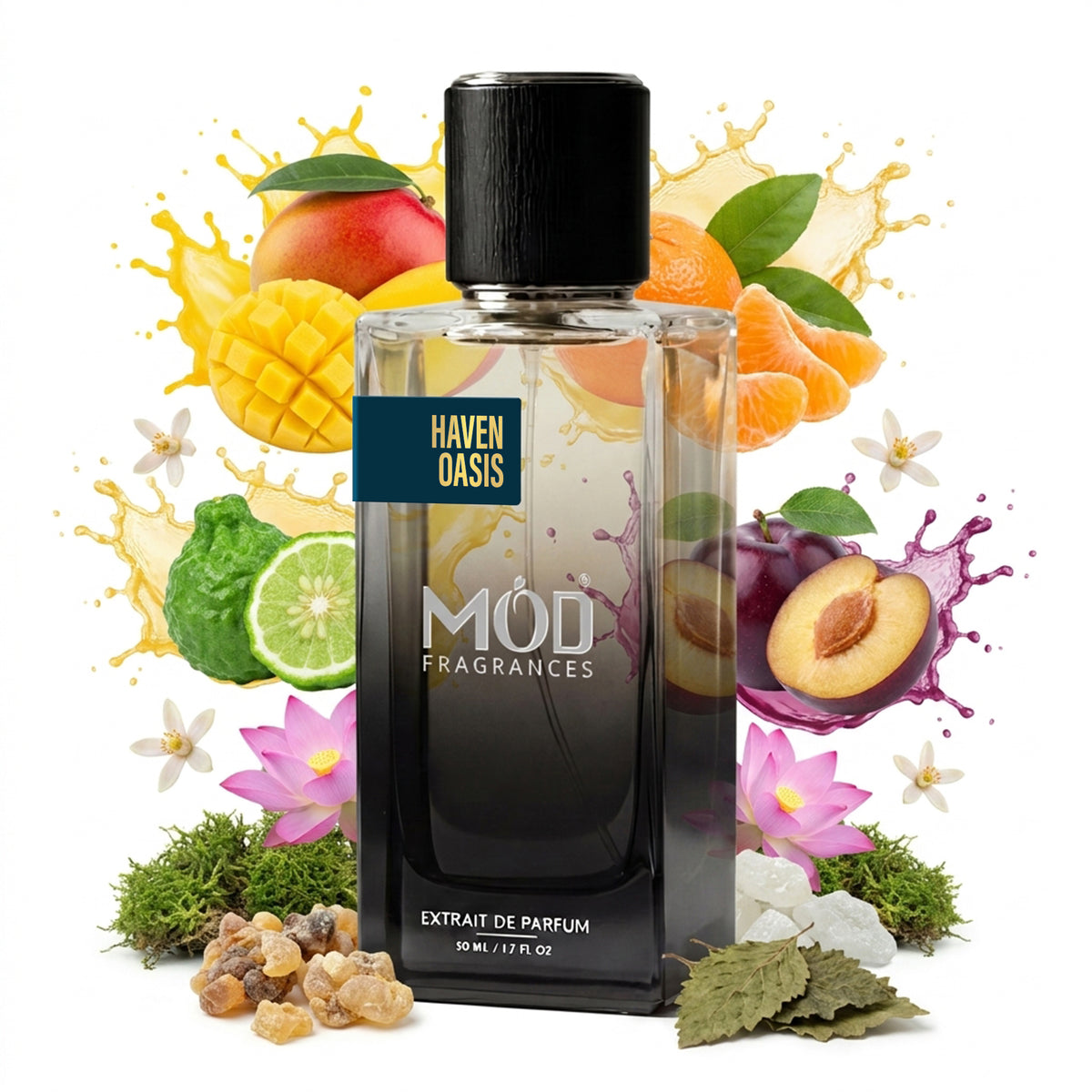 A bottle of Haven Oasis Extrait de Parfum by Mod Fragrances, styled with various fruit slices, flowers, and botanical elements on a solid white background.