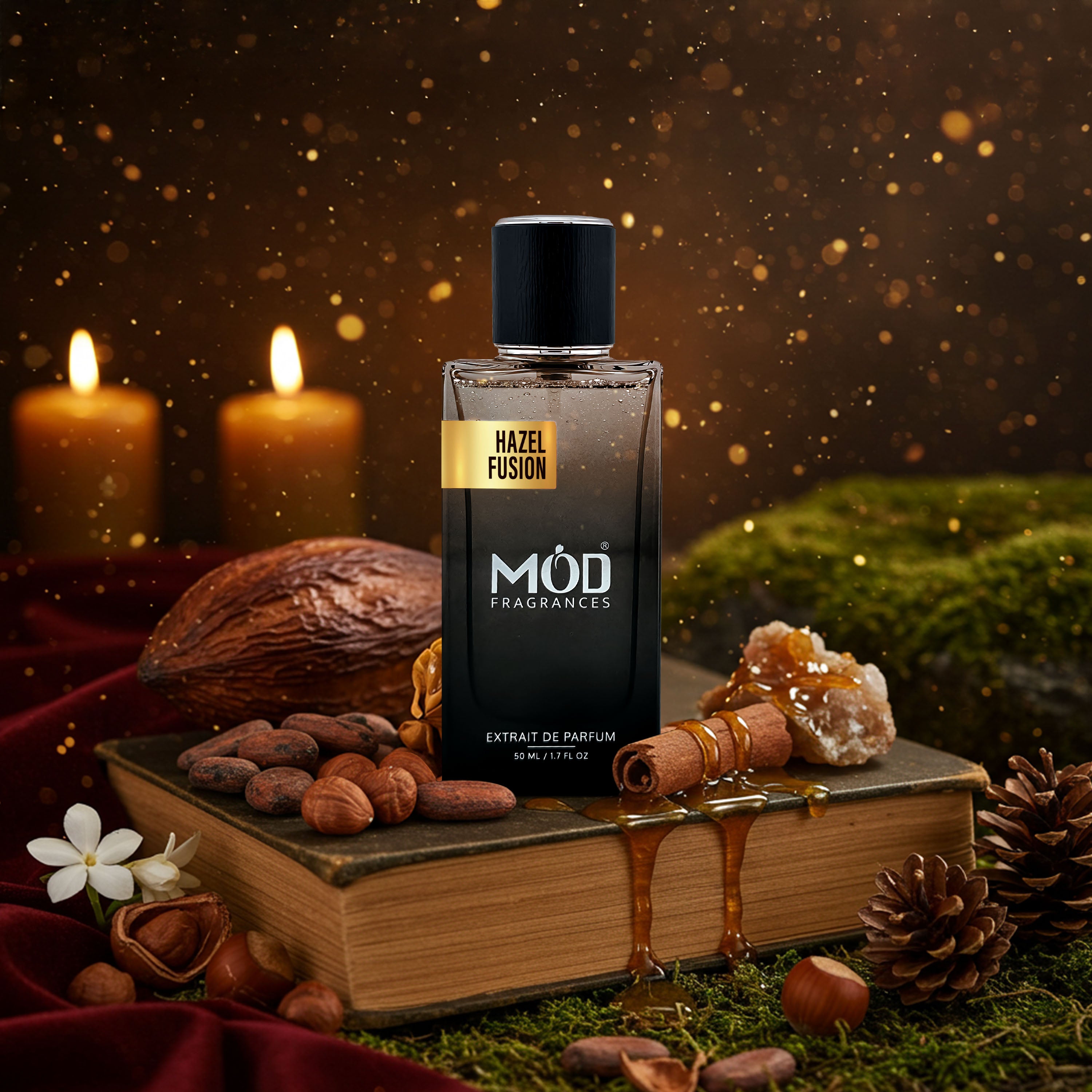 MOD Fragrances Hazel Fusion perfume bottle on an ornate book with candles and natural elements.