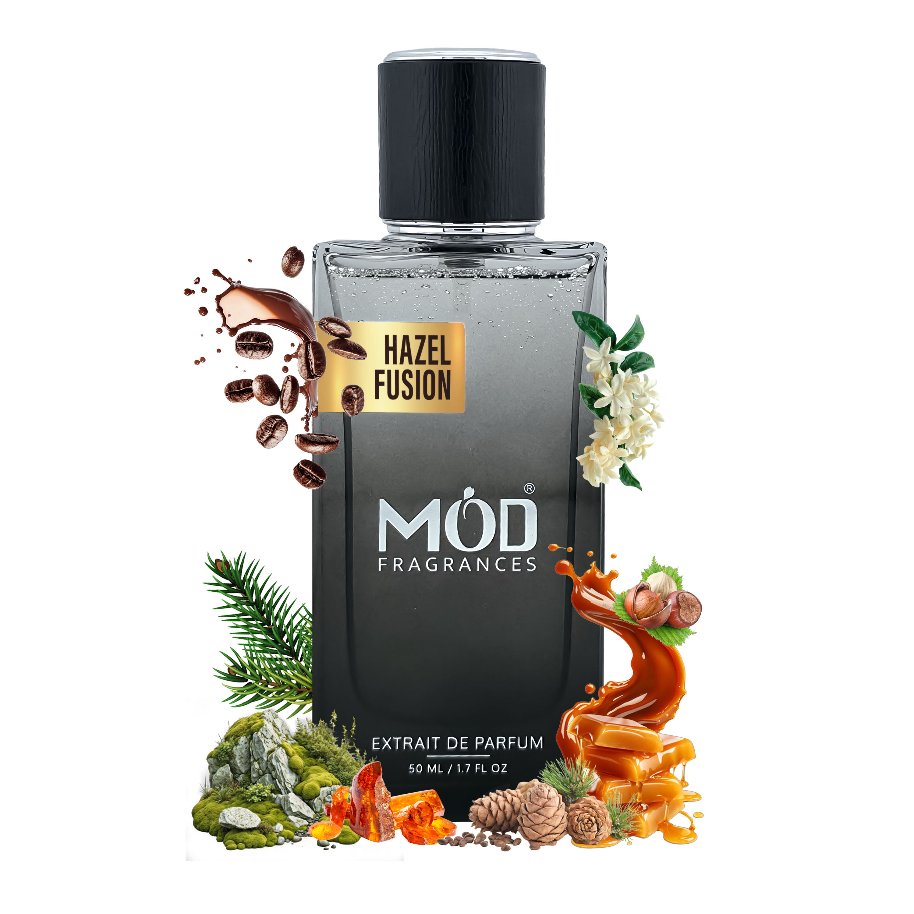 Inspired by Tribeca Mod Fragrances Hazel Fusion perfume bottle with decorative elements on a white background