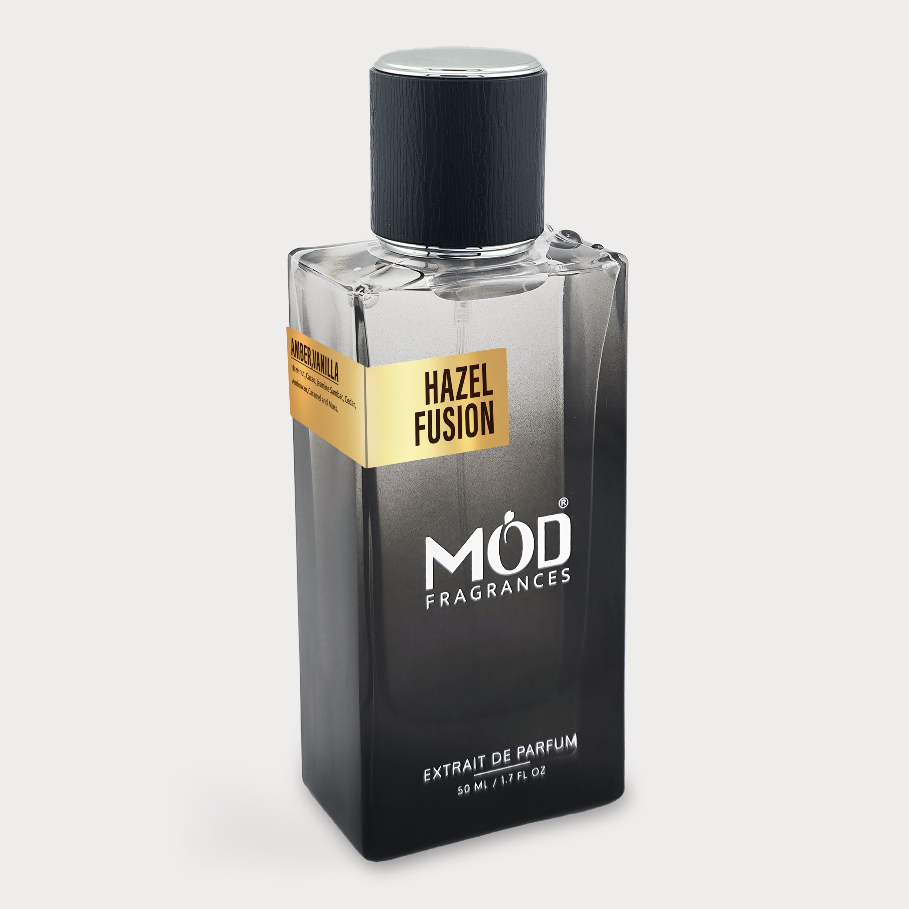 Perfume bottle labeled 'Hazel Fusion' by 'MOD Fragrances' on a light gray background