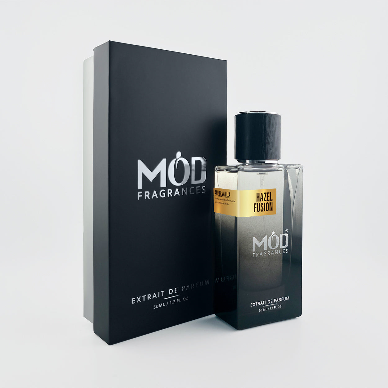 Möd Fragrances Hazel Fusion perfume bottle and packaging on a light gray background