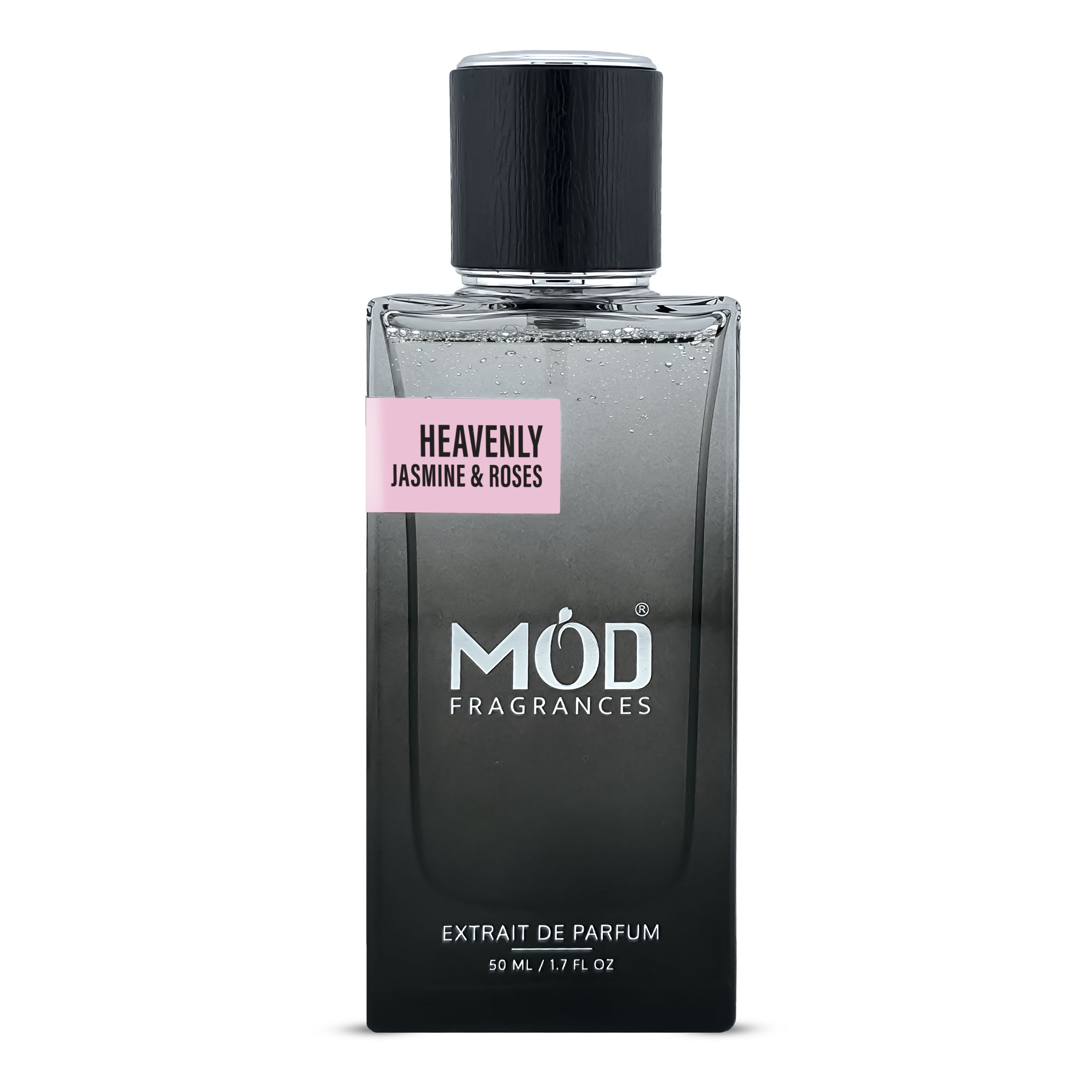 Inspired by Forever and ever perfume dupe. Black perfume bottle labeled 'Heavenly Jasmine & Roses' by MOD Fragrances on a white background