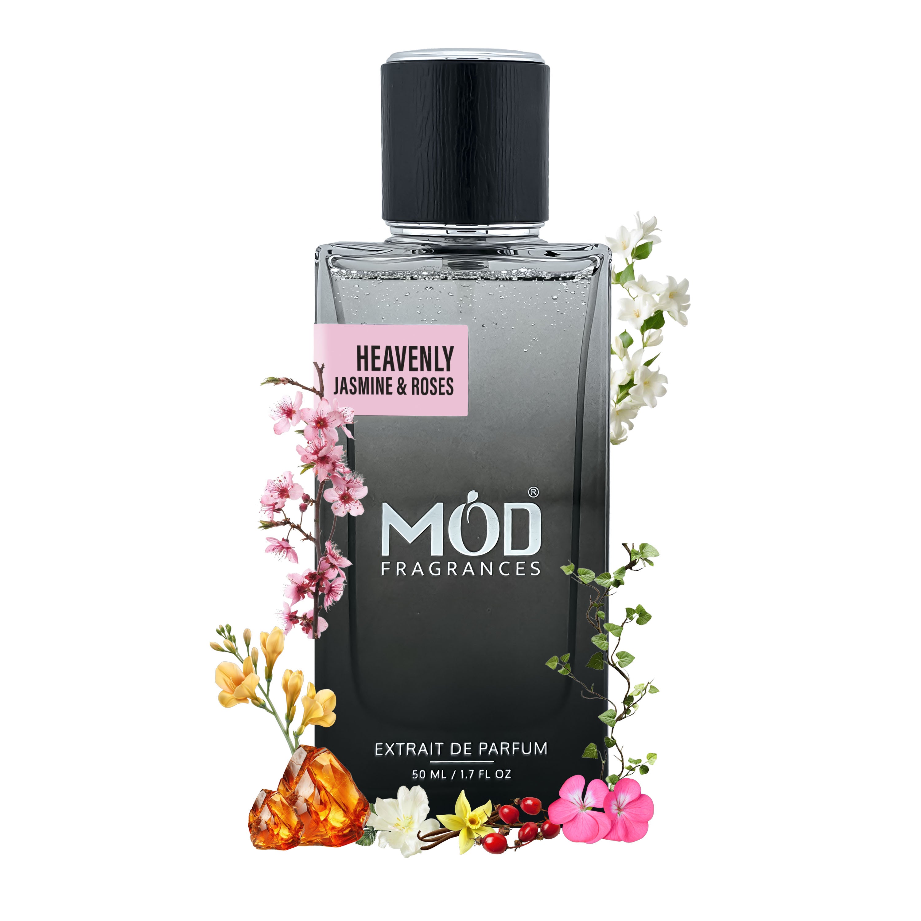 Black perfume bottle labeled 'Möd Fragrances' with floral decorations on a white background
