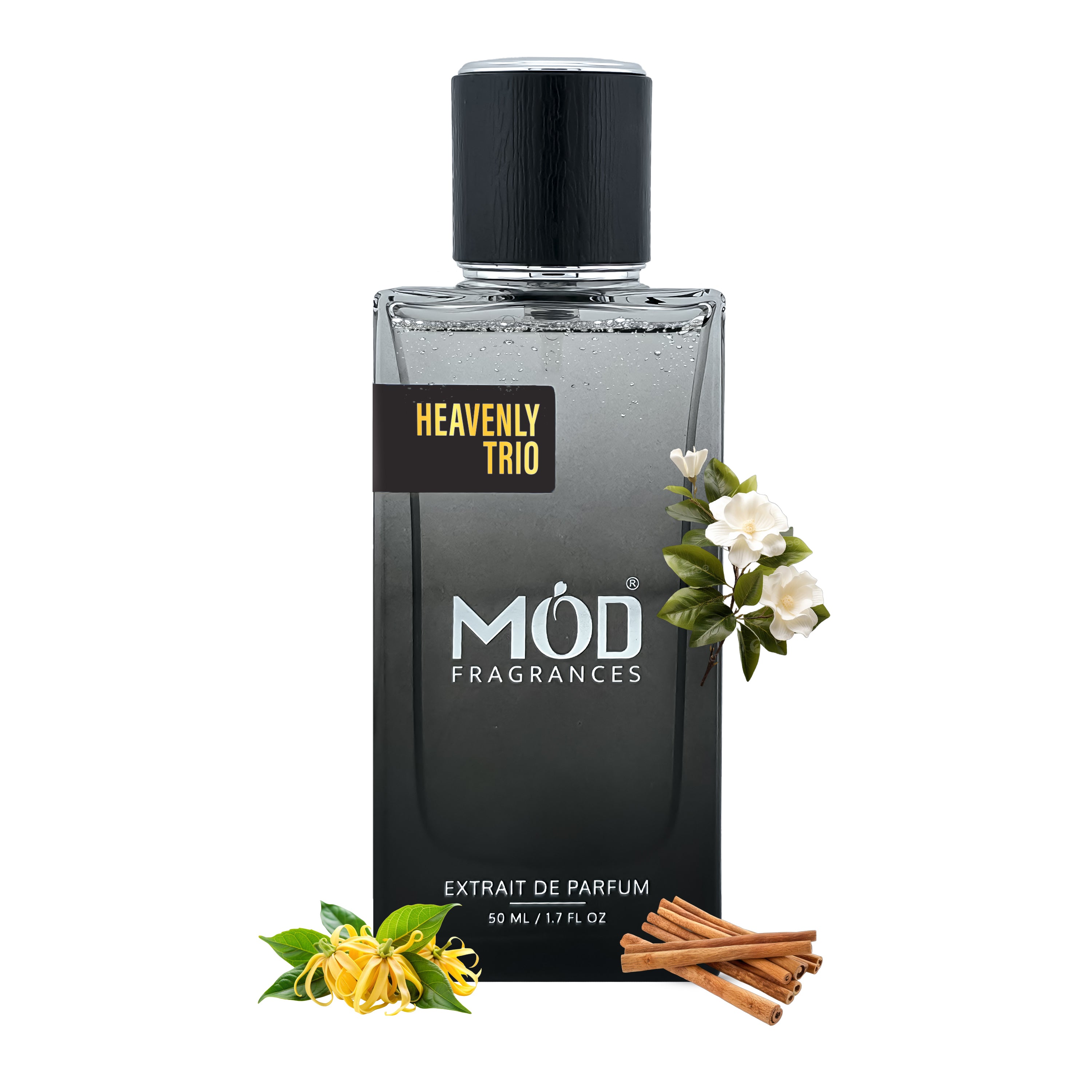 Perfume bottle labeled 'Heavenly Trio MOD Fragrances' with floral and spice elements on a white background