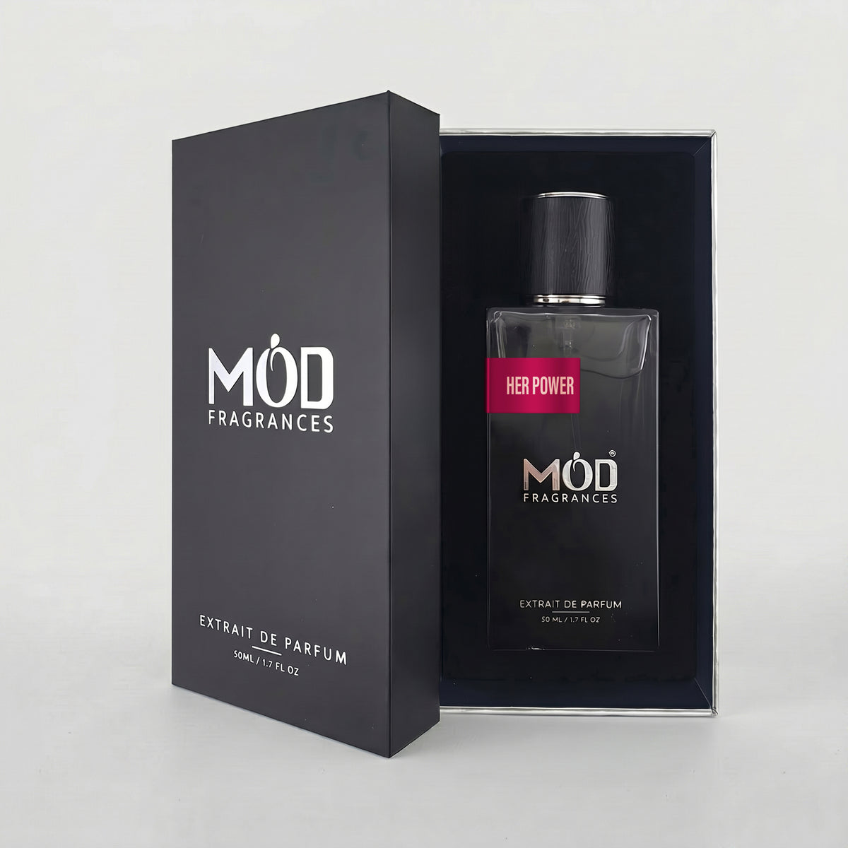 MOD Fragrances Her Power Extrait de Parfum 50ml bottle displayed next to its black presentation box on a light gray background.