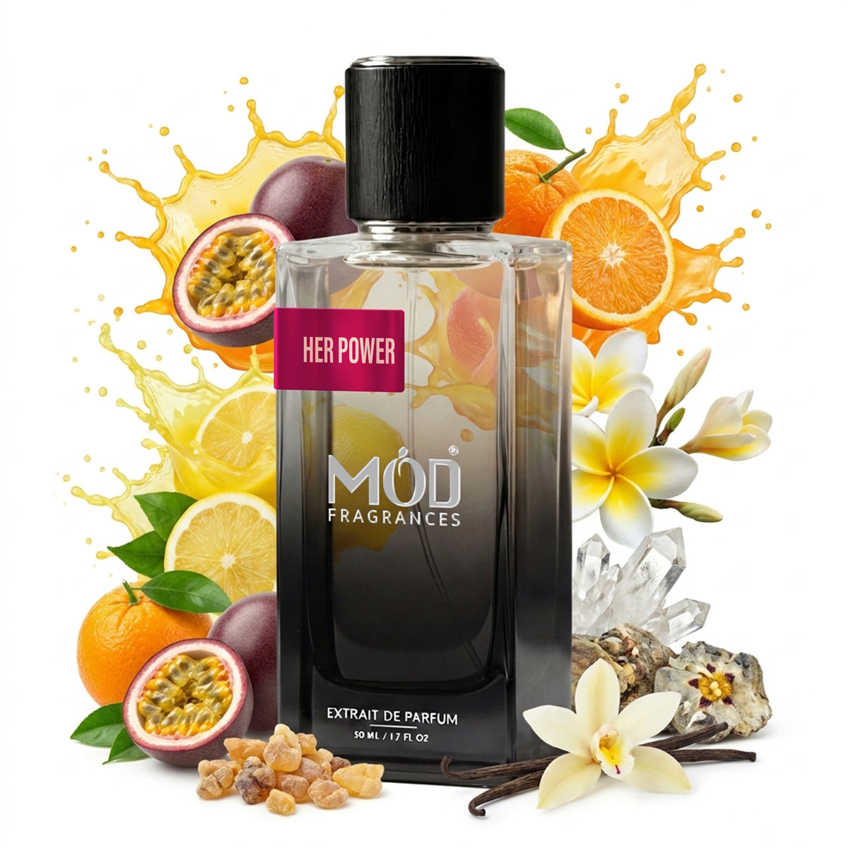 A bottle of MOD FRAGRANCES 'Her Power' extrait de parfum, surrounded by its scent ingredients including oranges, passion fruit, vanilla, and crystals on a white background.