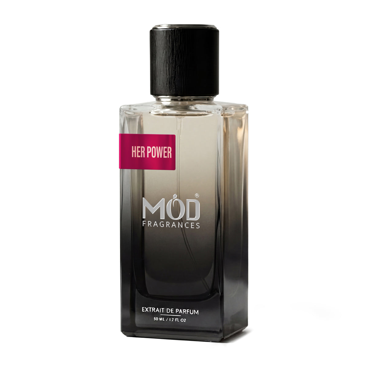 Inspired by Power of You Perfume Dupe. A 50 mL bottle of MOD FRAGRANCES 'Her Power' extrait de parfum, featuring a black-to-clear gradient glass bottle with a textured black cap and a pink label.