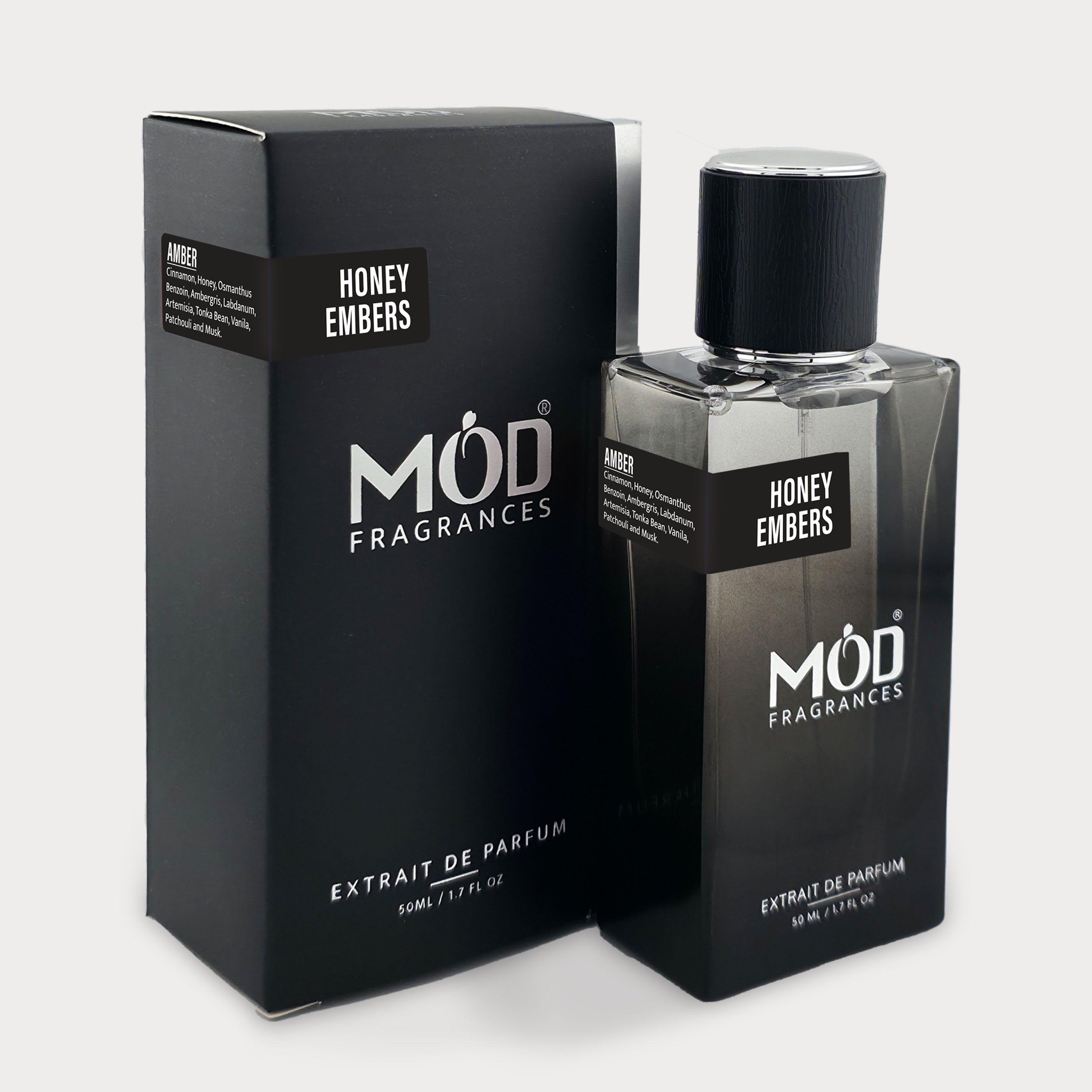 Möd Fragrances Honey Embers perfume bottle and packaging on a white background