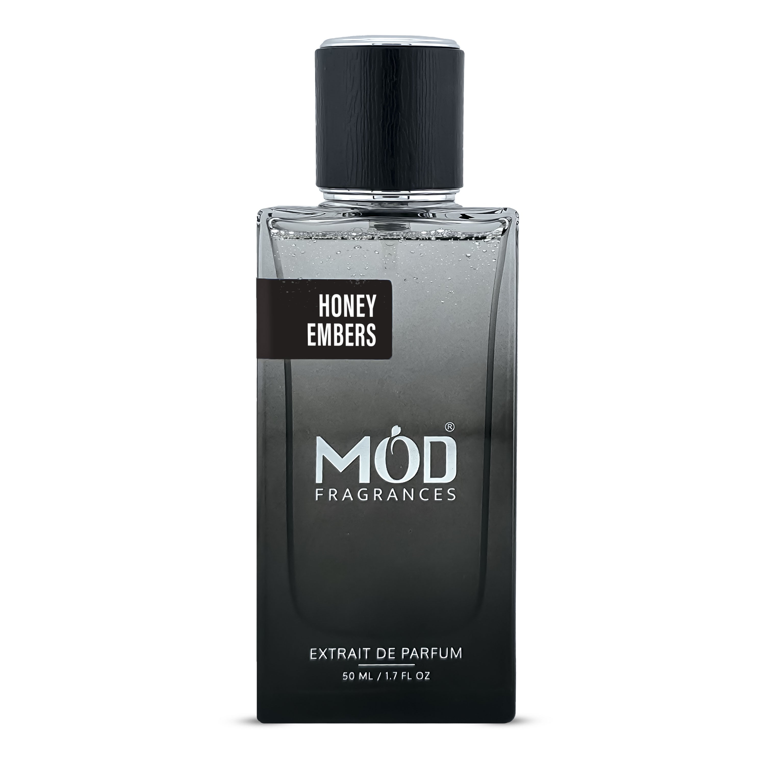 Black perfume bottle labeled 'Honey Embers' by MOD Fragrances on a white background