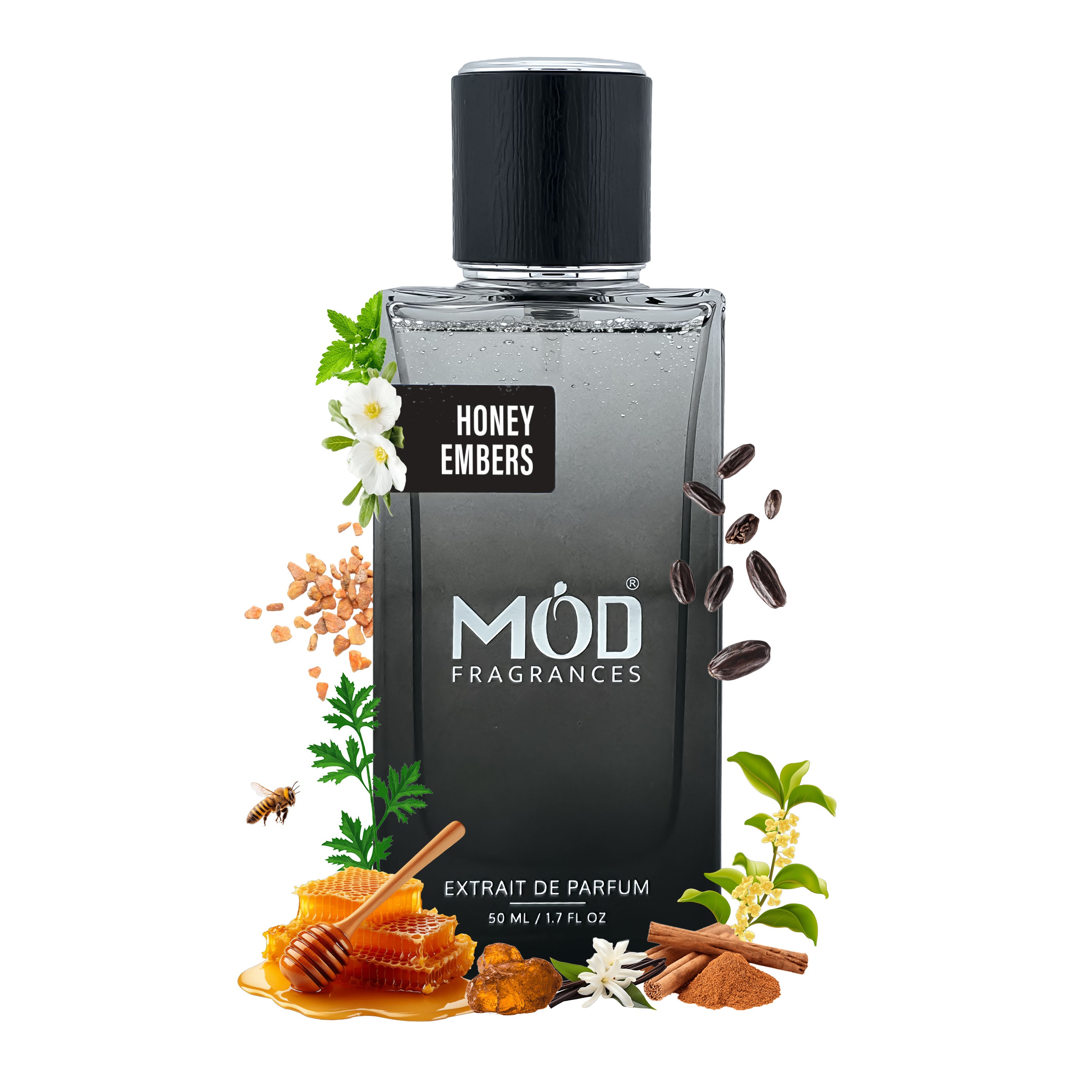 Perfume bottle labeled 'Honey Embers' by MOD Fragrances with decorative elements on a white background