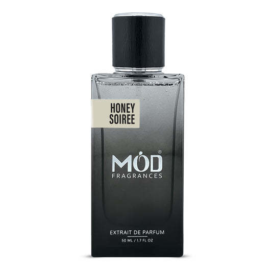 Inspired by Nectarine Blossom & Honey Perfume bottle labeled 'Honey Soiree' by MOD Fragrances on a white background