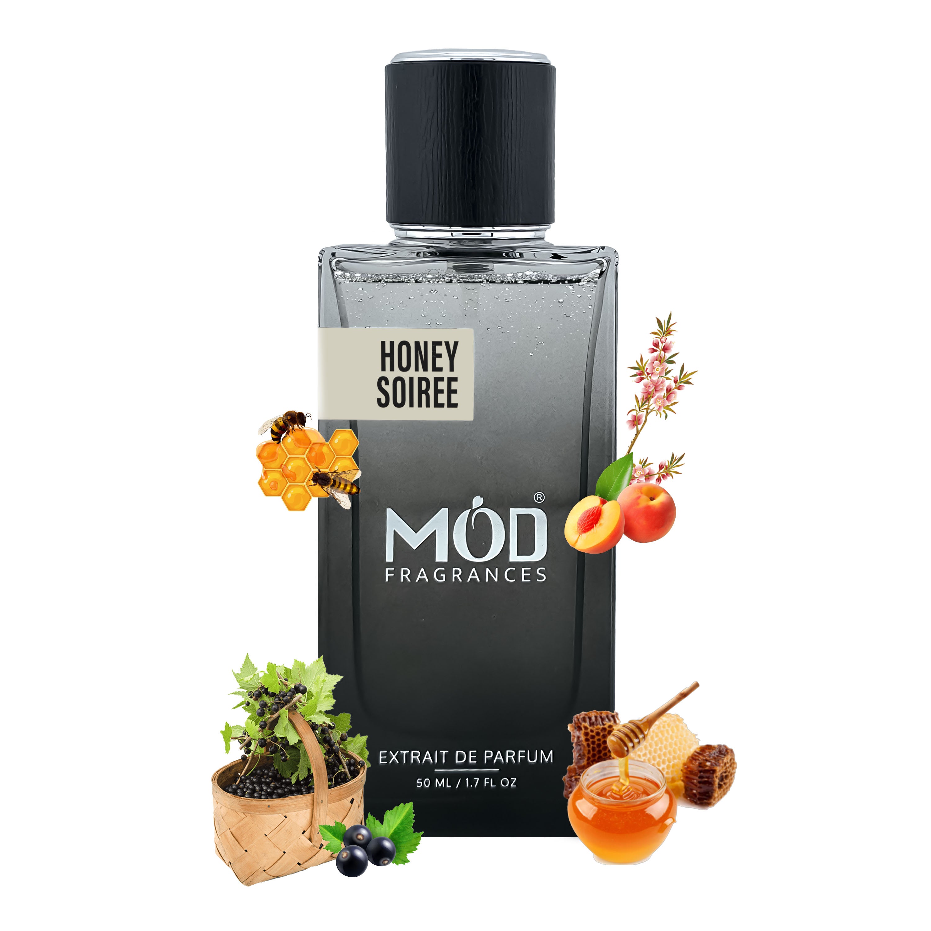 Inspired by Nectarine Blossom & Honey  Perfume bottle labeled 'Honey Soiree' by Möd Fragrances with floral and fruit elements on a white background.