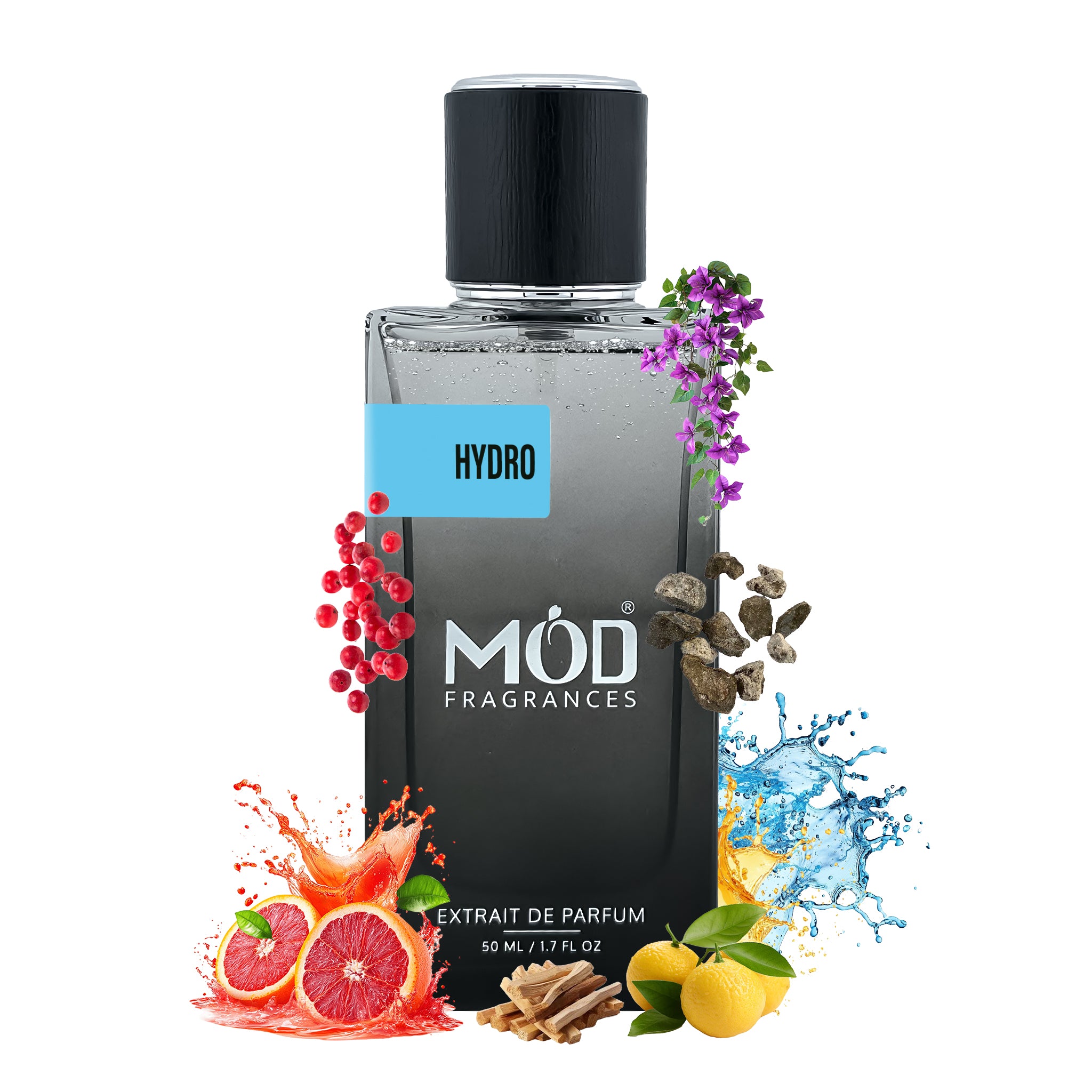 Perfume dupe bottle labeled 'MOD Fragrances' with floral and fruit elements on a white background