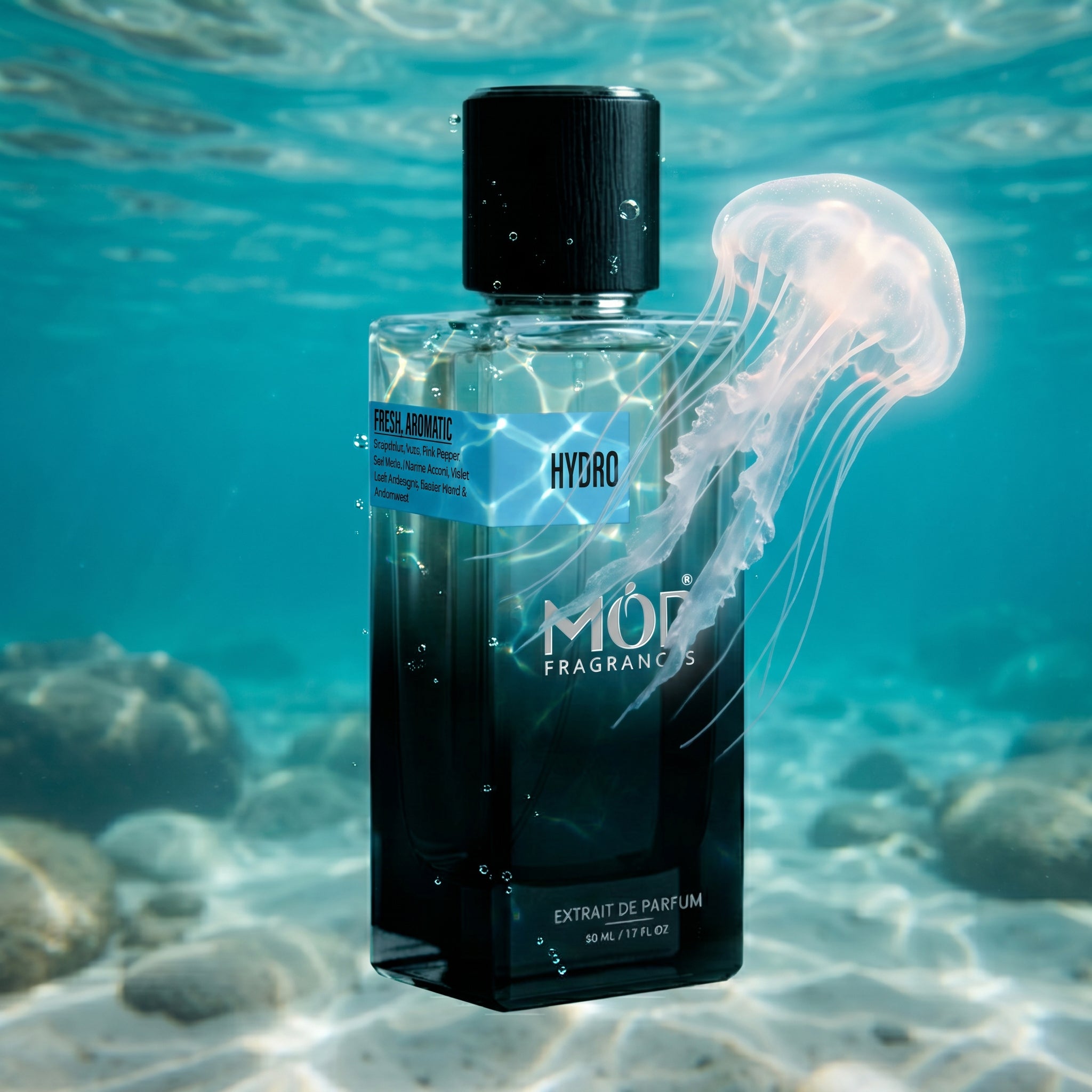 MOD Fragrances 50ml, premium perfume bottle of "Hydro" fresh & aromatic fragrance for men, inspired by "Invictus Aqua", drowning inside the water near  coral reef, A glowing white jellyfish is floating gently beside the bottle.