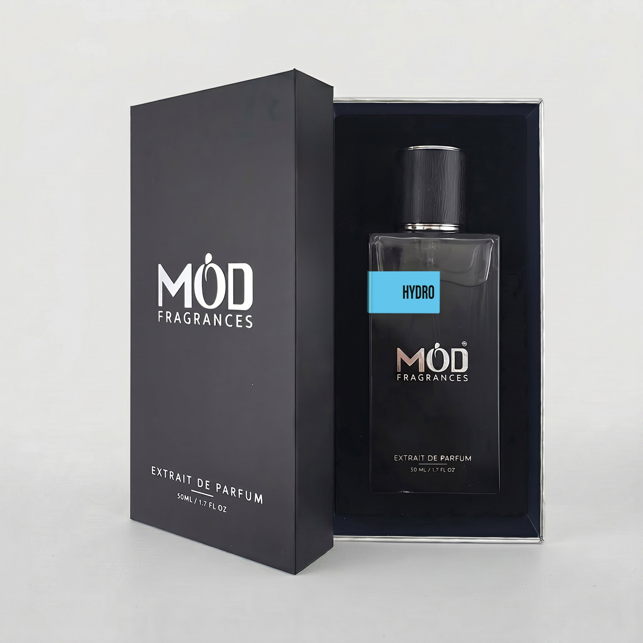 MOD Fragrances 50ml, premium perfume bottle and box of "Hydro" fresh & aromatic fragrance for men, inspired by "Invictus Aqua", placed vertically on white background.
