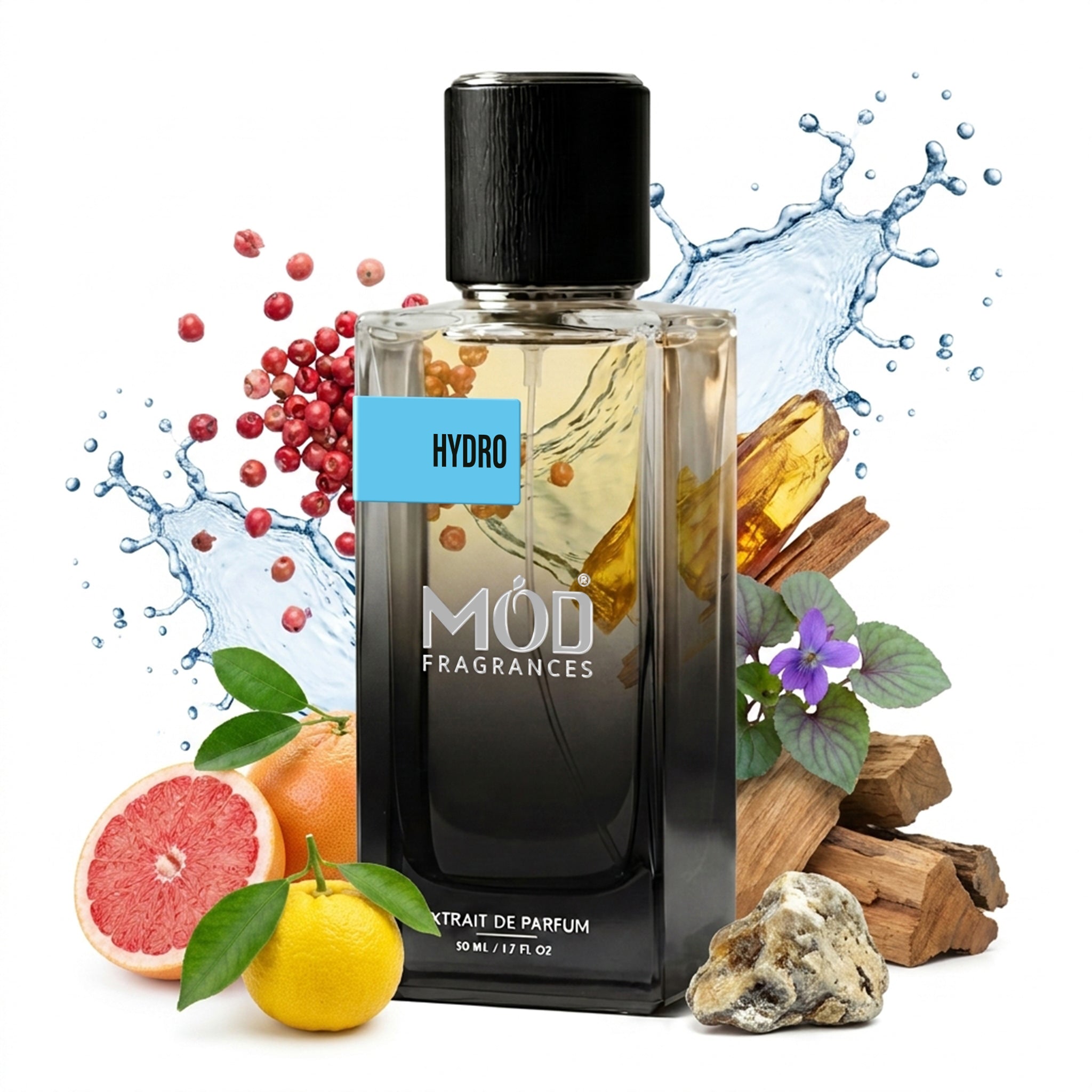MOD Fragrances 50ml, premium perfume bottle of "Hydro" fresh & aromatic fragrance for men, inspired by "Invictus Aqua", placed vertically on white background. with premium ingredients scattered from behind the bottle, lemon, grapefruit, ambergris, pink pepper.
