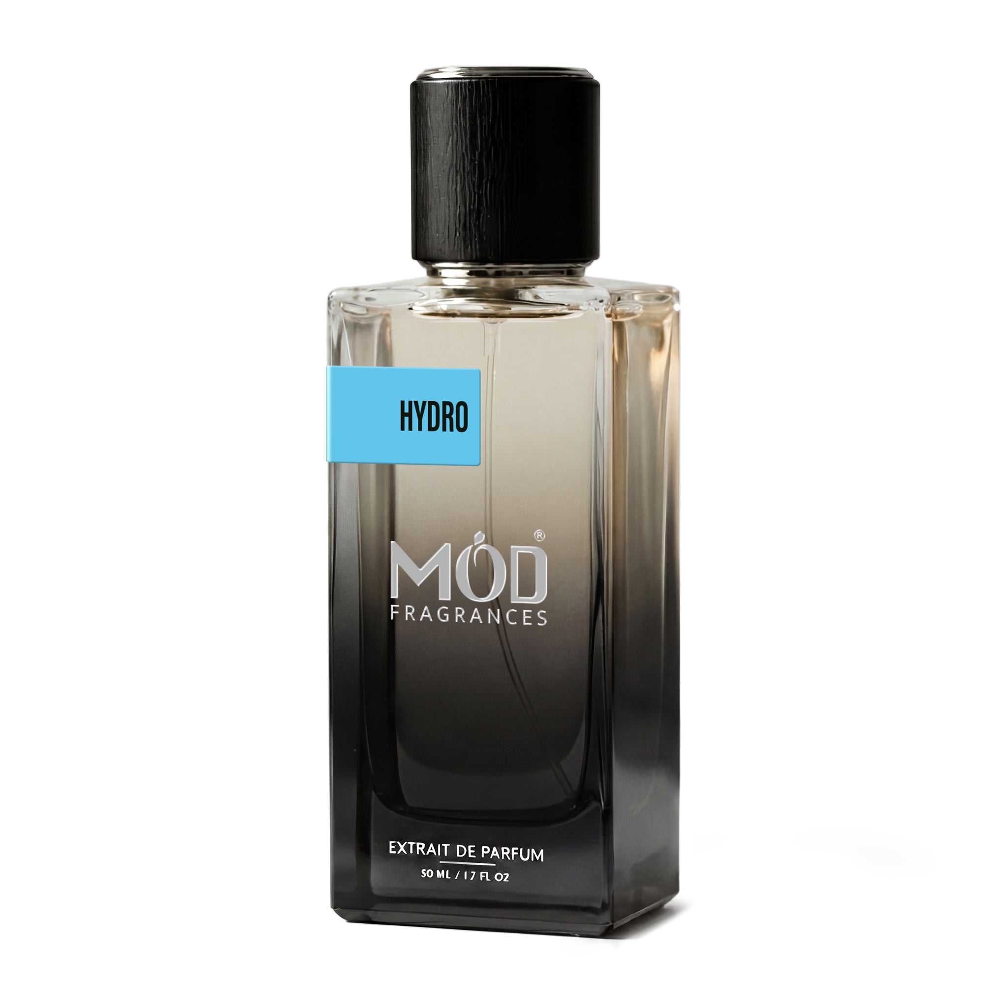 MOD Fragrances 50ml, premium perfume bottle of "Hydro" fresh & aromatic fragrance for men, inspired by "Invictus Aqua", placed vertically on white background.