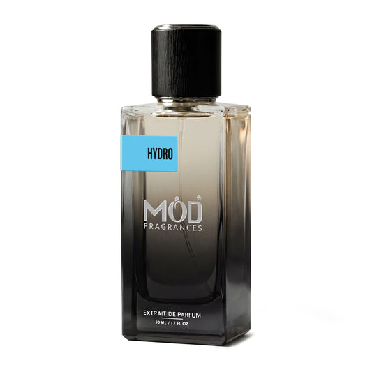 MOD Fragrances 50ml, premium perfume bottle of "Hydro" fresh & aromatic fragrance for men, inspired by "Invictus Aqua", placed vertically on white background.