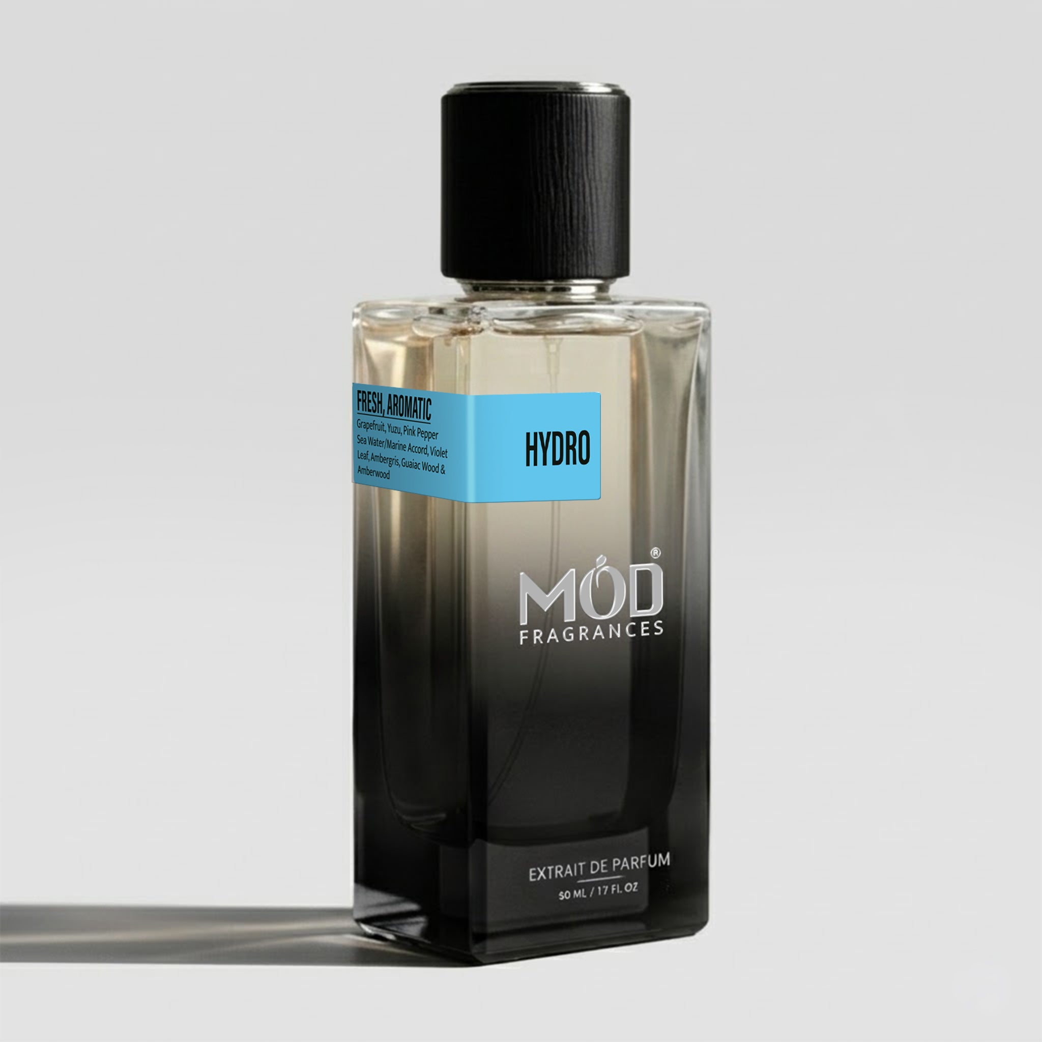 MOD Fragrances 50ml, premium perfume bottle of "Hydro" fresh & aromatic fragrance for men, inspired by "Invictus Aqua", placed vertically on white background.