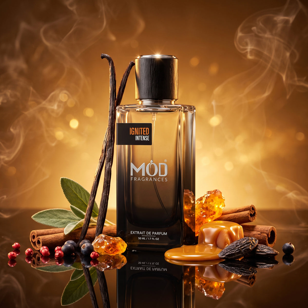 A bottle of MOD FRAGRANCES 'Ignited Intense' perfume extract de parfum, styled with vanilla beans, cinnamon sticks, amber crystals, and caramel on a reflective surface against a warm golden background with smoke.