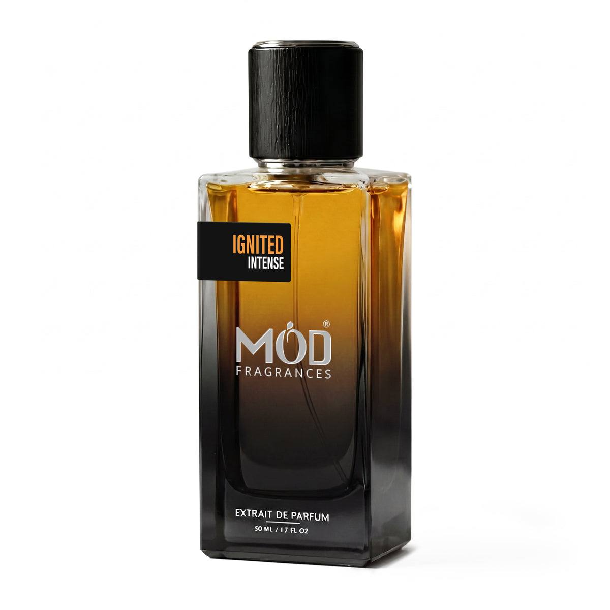 Inspired by Stronger with you intensely. A 50 ml bottle of MOD FRAGRANCES 'Ignited Intense' extrait de parfum, featuring a dark amber-to-black gradient glass bottle with a black cap, on a solid white background.
