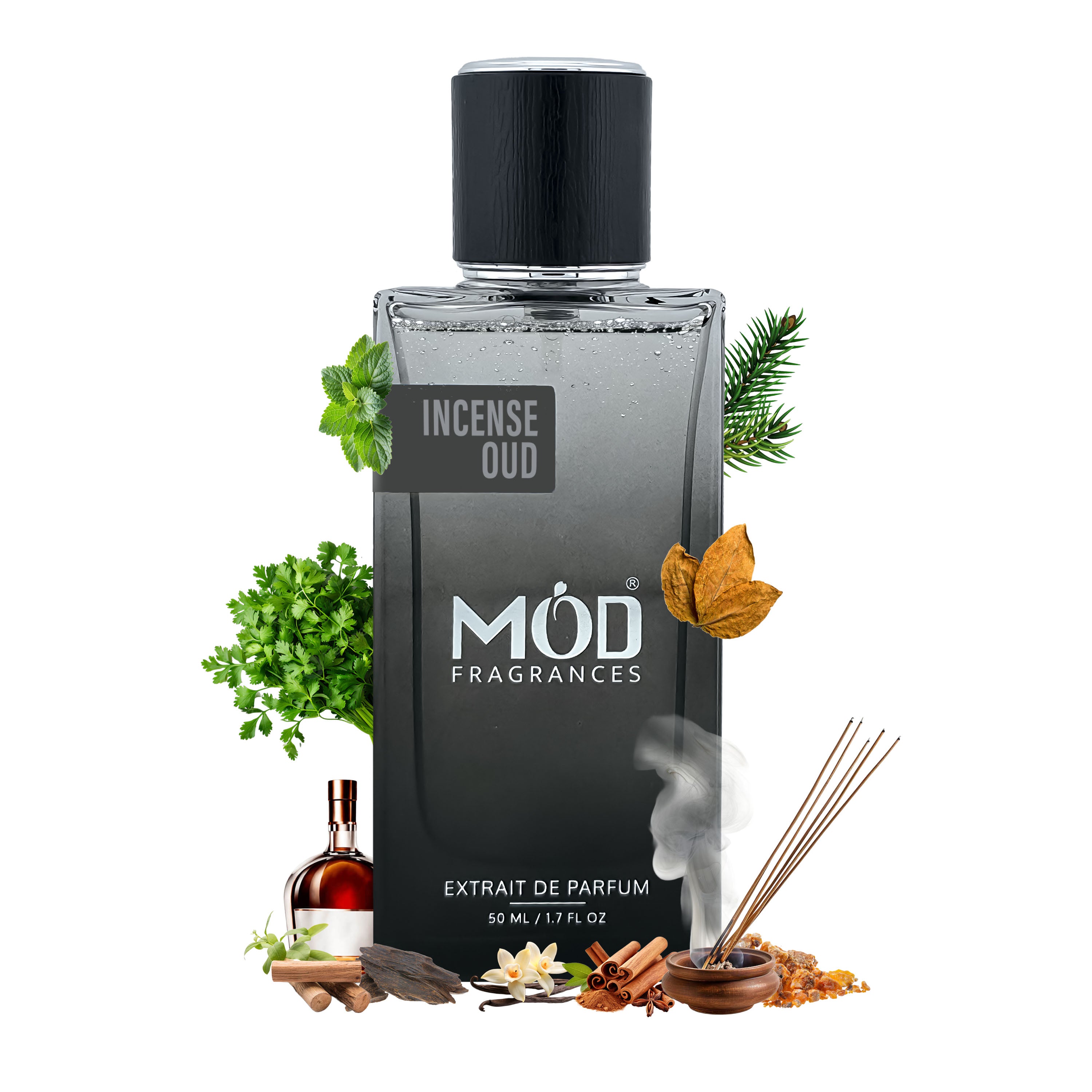 MOD Fragrances Incense Oud perfume bottle with incense sticks, leaves, and spices on a white background