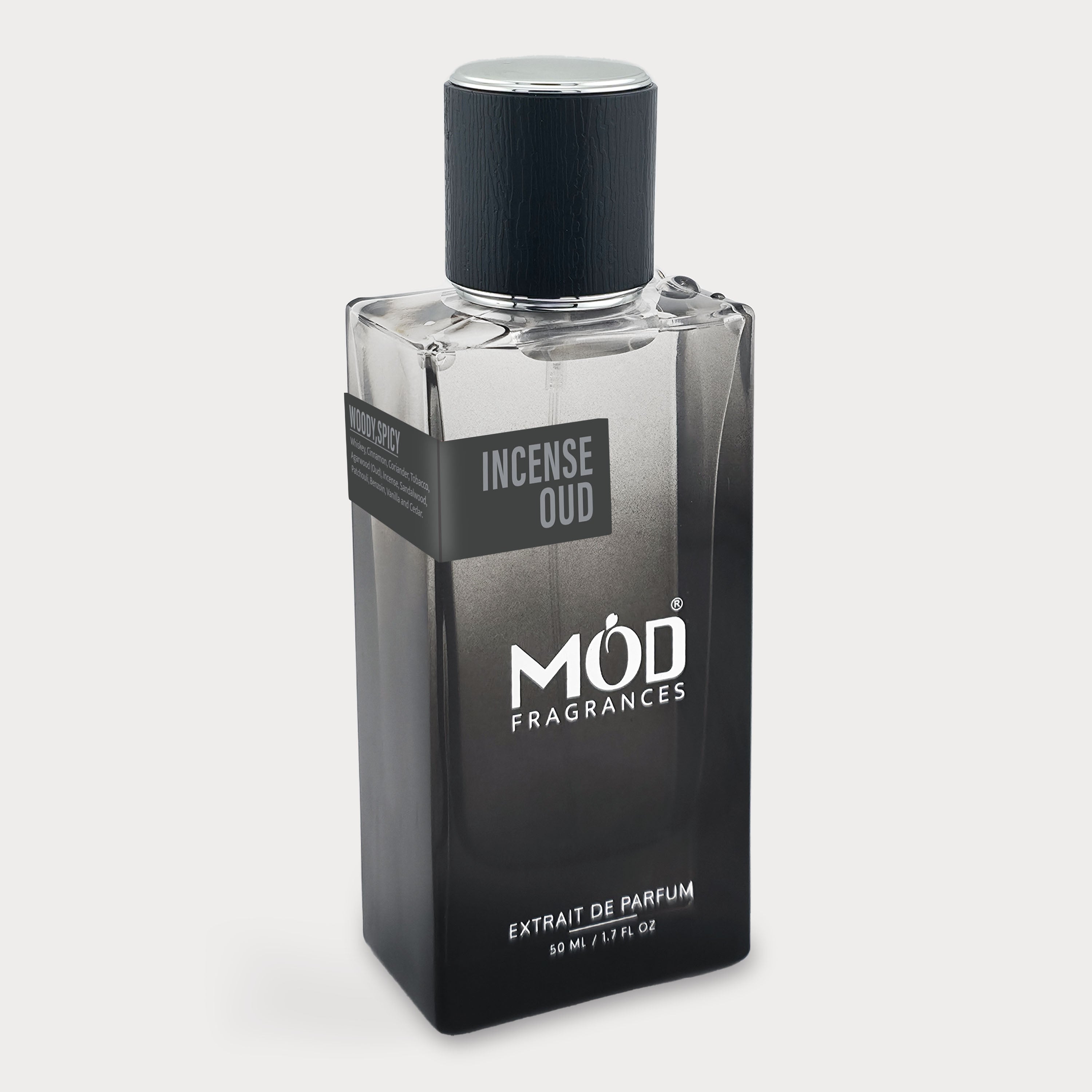Perfume bottle labeled 'MOD Fragrances' on a light gray background