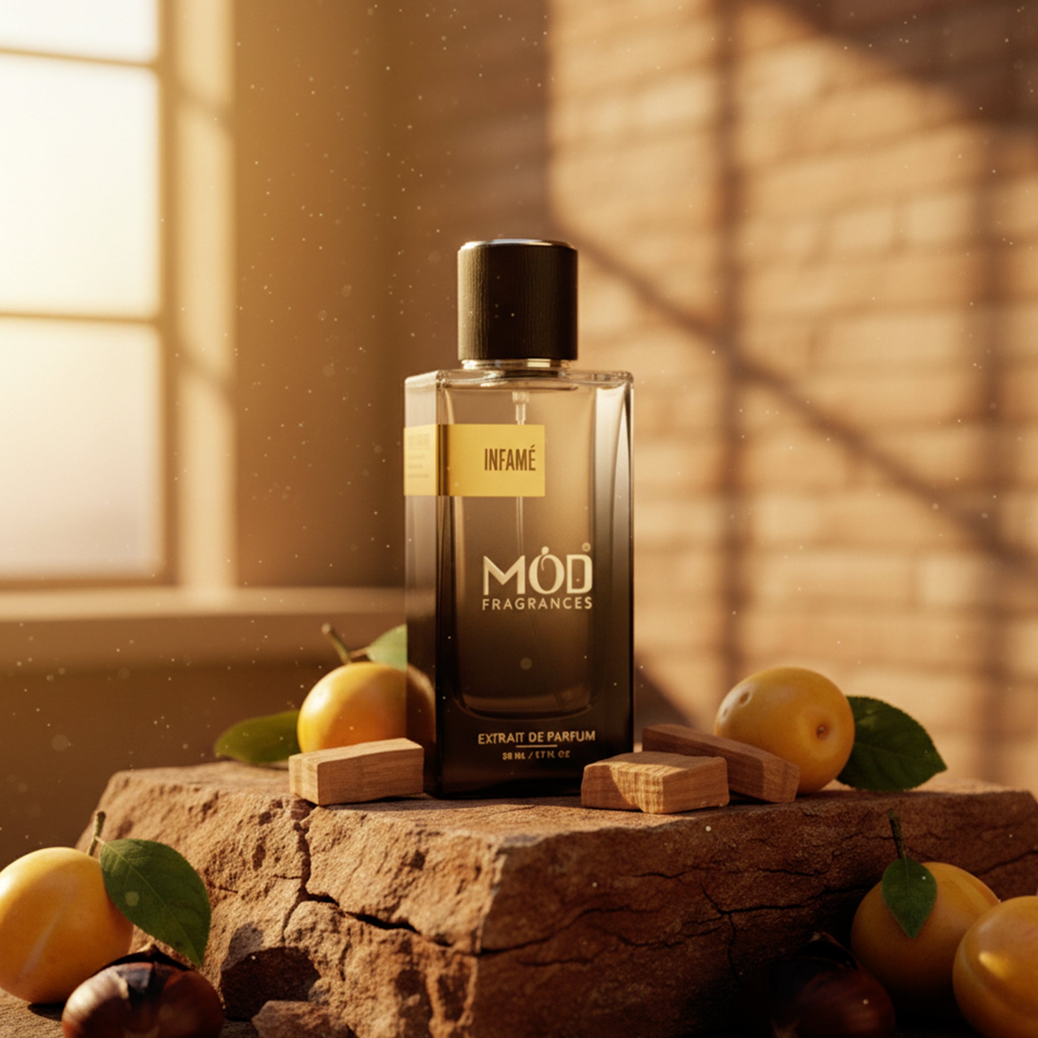 Möd Fragrances perfume bottle on a stone surface with fruits and leaves.