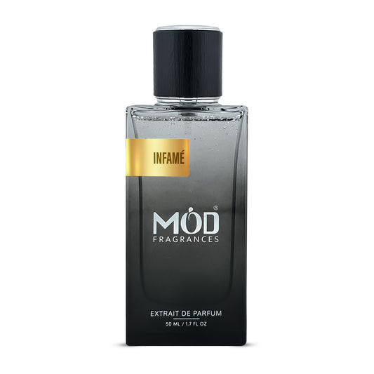 Scandal Pour Homme Absolu Dupe Perfume bottle labeled 'Infame' by 'MOD Fragrances' on a white background
