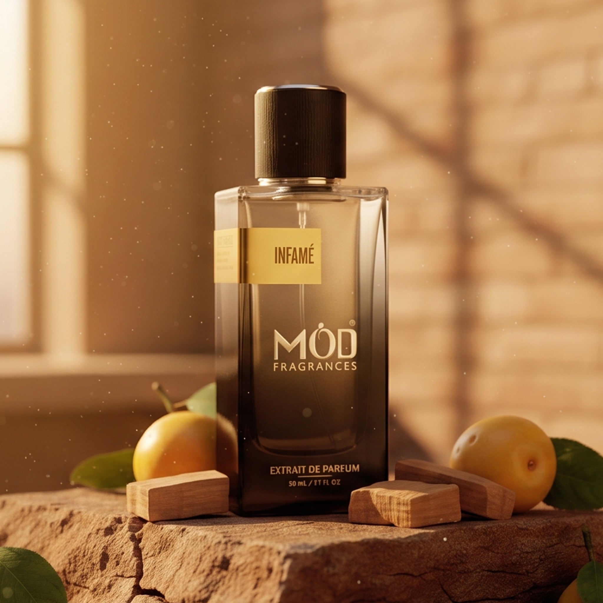 A rectangular glass perfume bottle by MOD Fragrances, labeled "Infame” is standing upright on salt rock stone surrounded by its ingredients like mirabelle, chestnuts and sandalwood, on golden hour sunshine in the room highlighting bottle and its ingredients.
