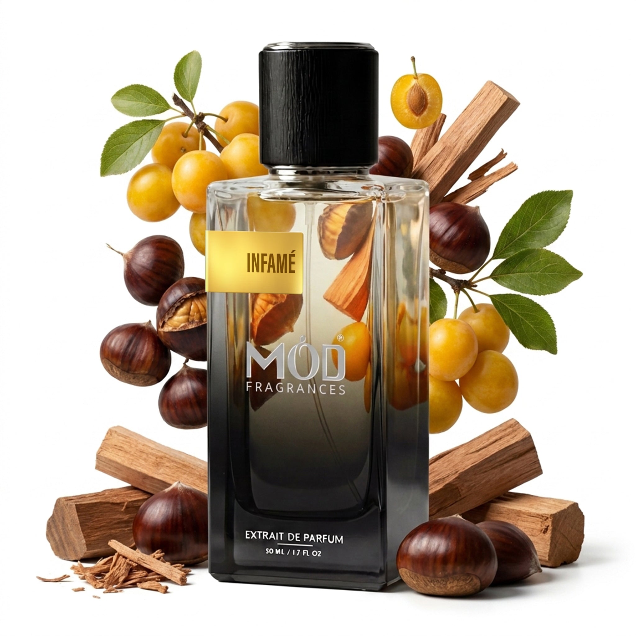 A glass perfume bottle by MOD Fragrances, labeled “Infame” is surrounded by a vibrant artistic arrangement of its fragrance ingredients, mirabelle, chestnuts and sandalwood, against a white background.