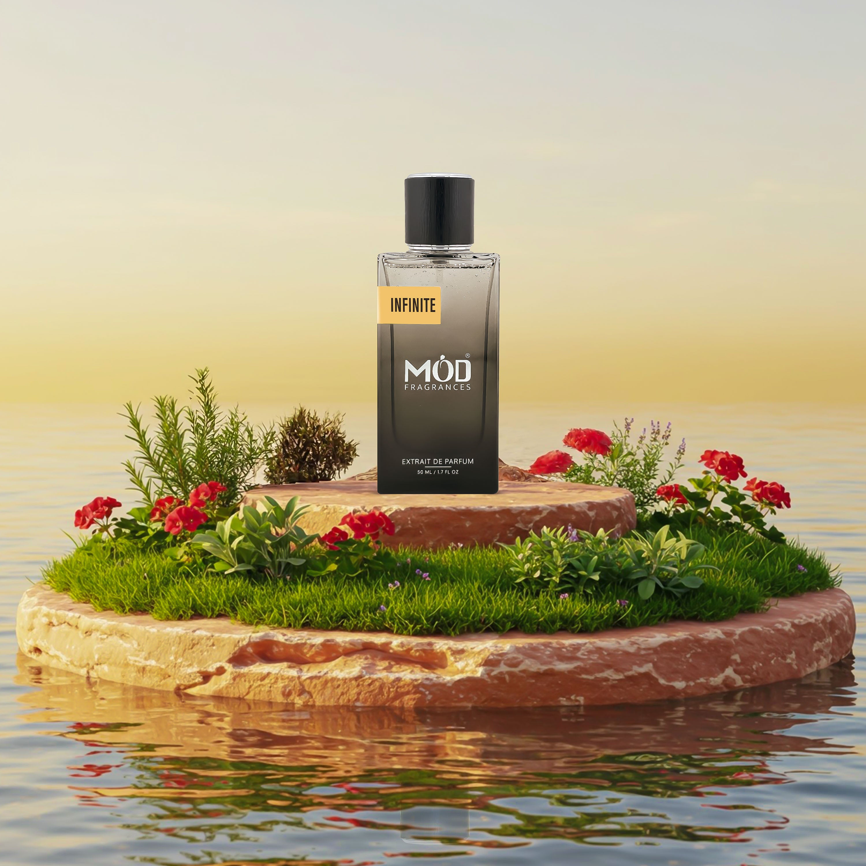 Perfume bottle labeled 'MÜl' on a small island with flowers and grass in water