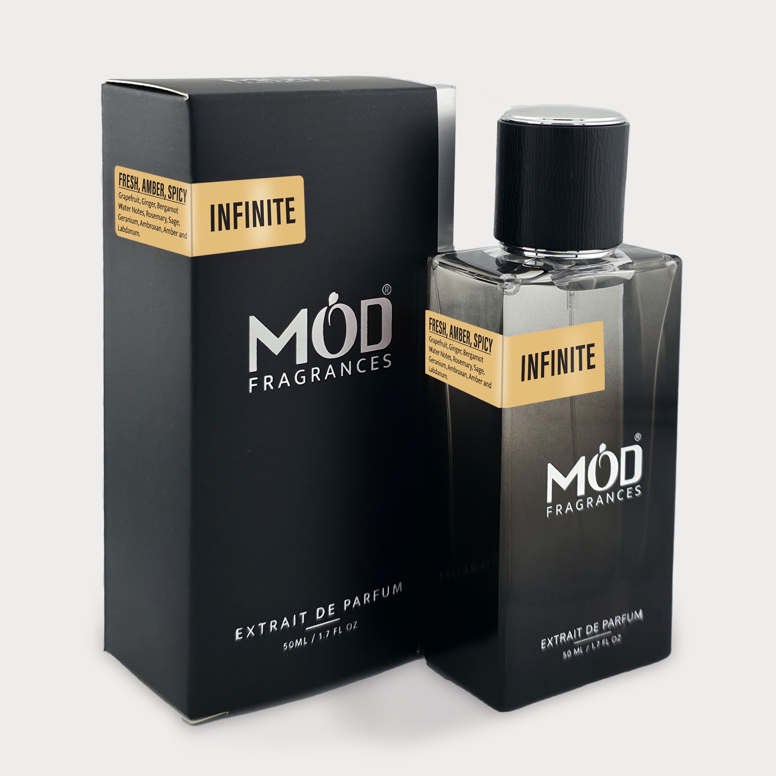 Möd Fragrances Infinite perfume bottle and packaging on a white background