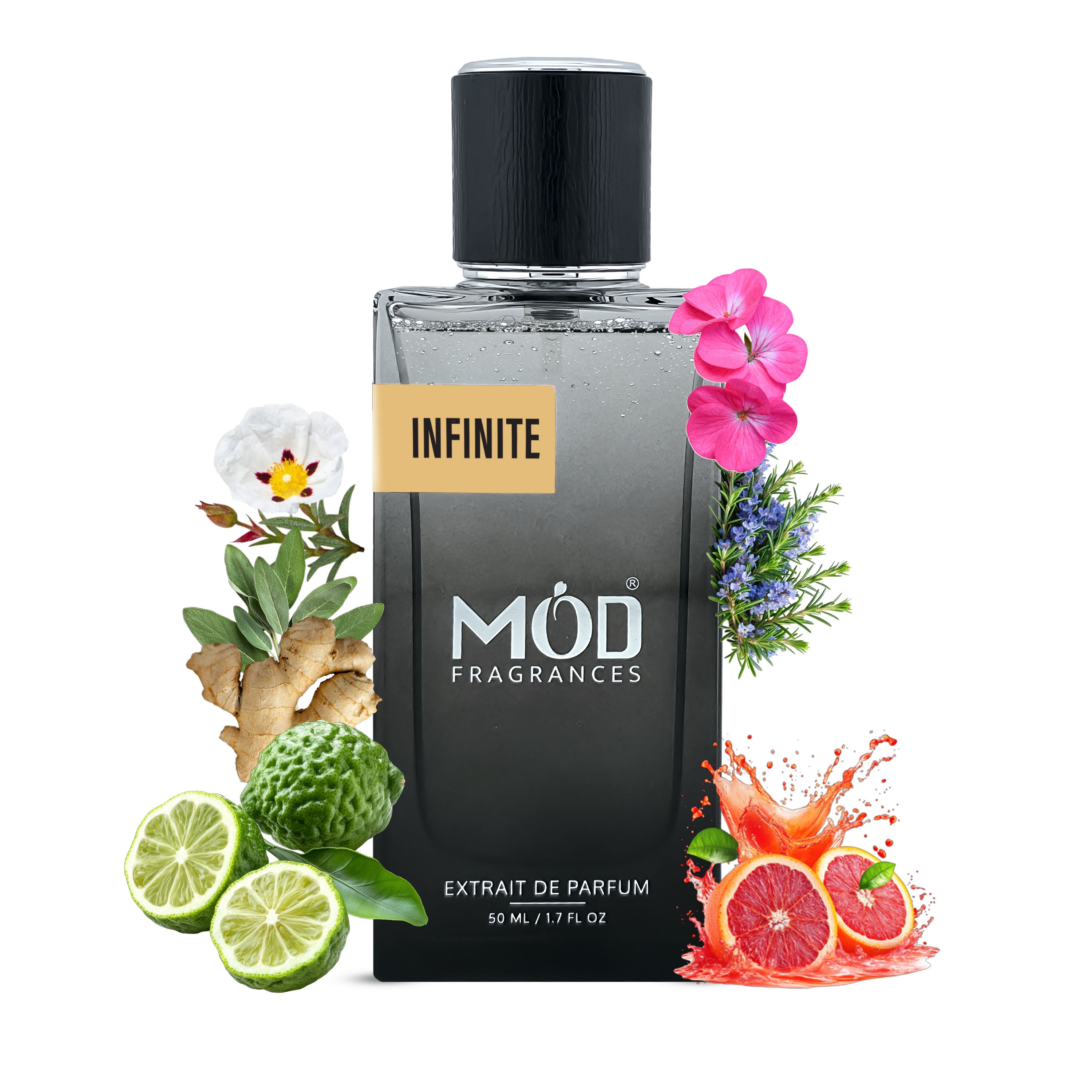 Perfume bottle labeled 'Infinite' by Möd Fragrances with floral and fruit elements on a white background