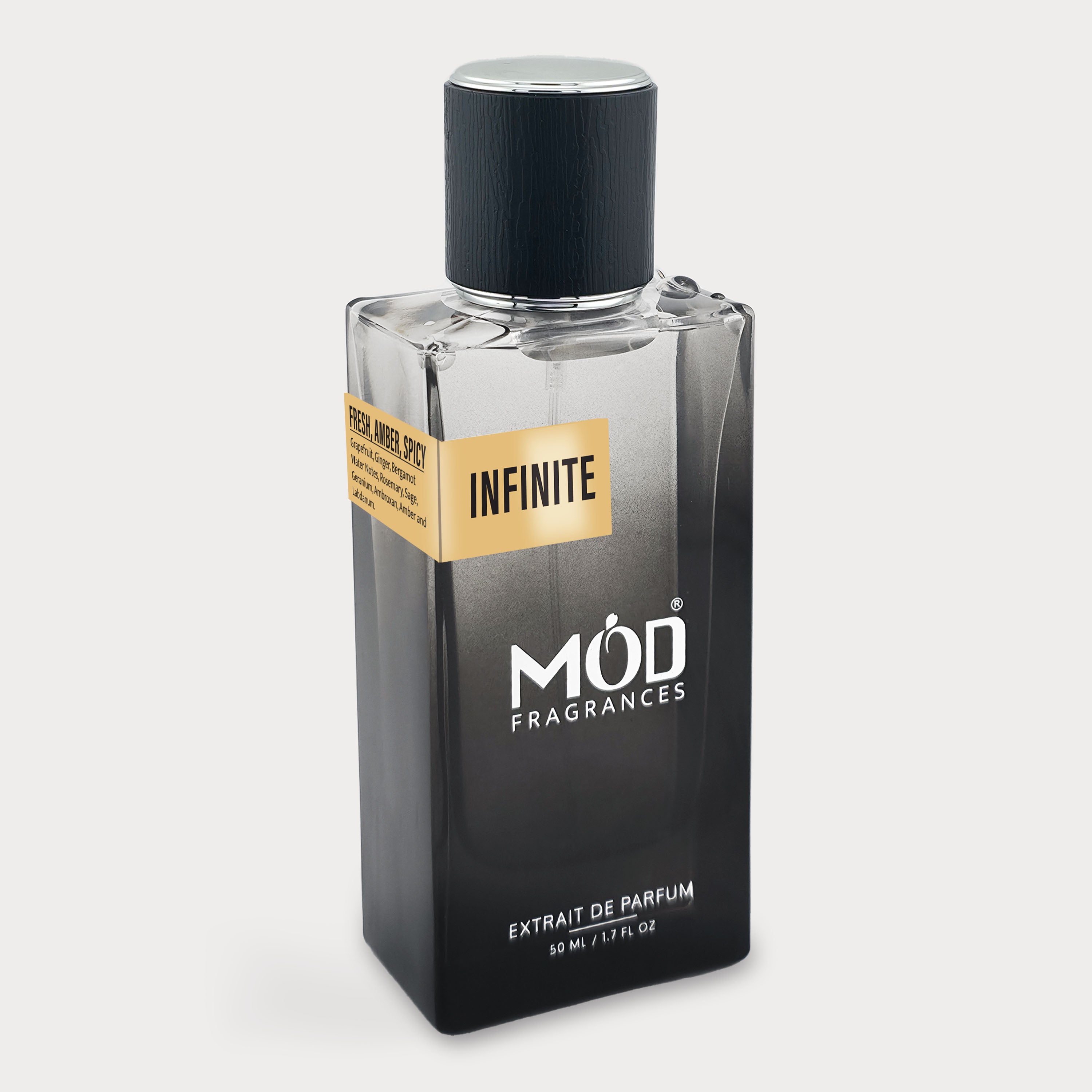 Perfume bottle labeled 'Infinite' by MOD Fragrances on a light gray background