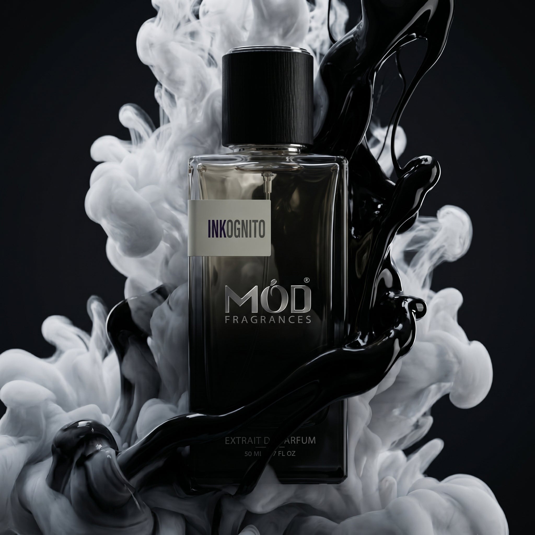 Perfume bottle labeled 'Inkognito' by 'MOD Fragrances' with black ink and white smoke effects on a dark background.